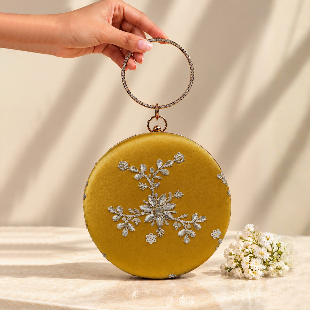 Artklim Elegant Mustard Gold Embroidery Round Clutch Bag with Golden Crystal Ring Handle