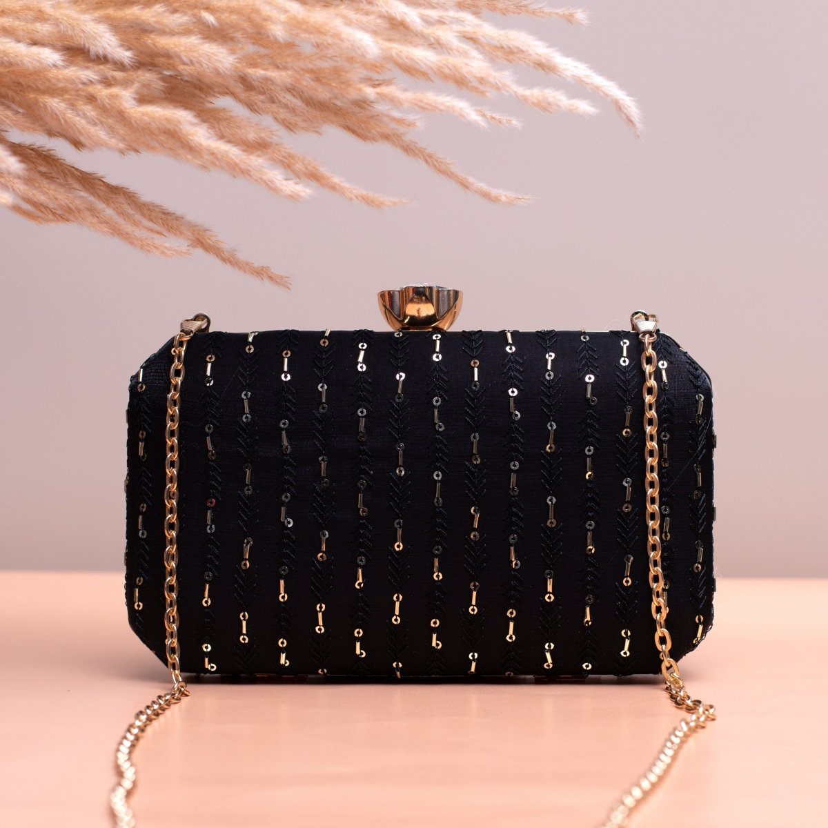 Black Sequins Embroidery Fabric Clutch