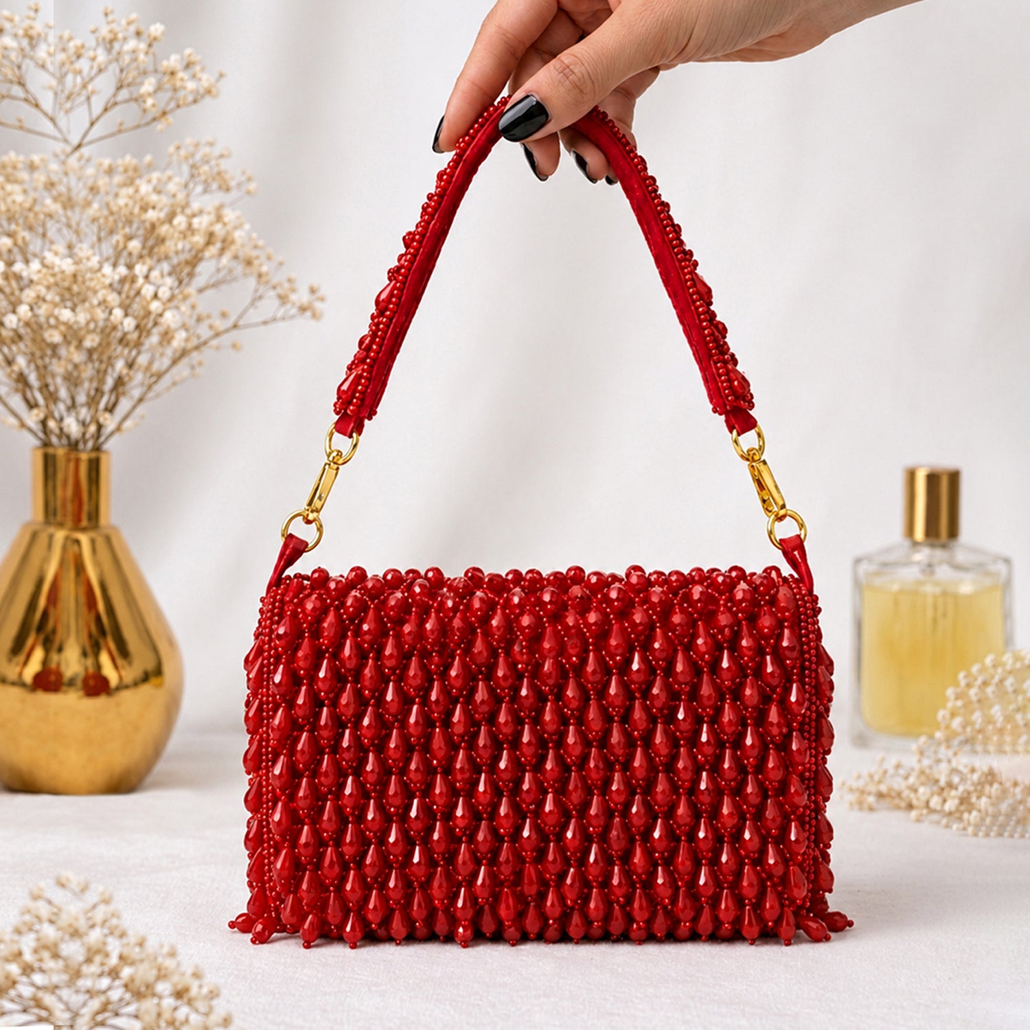 Artklim Ruby Red Handcrafted Beaded Evening Clutch Bag