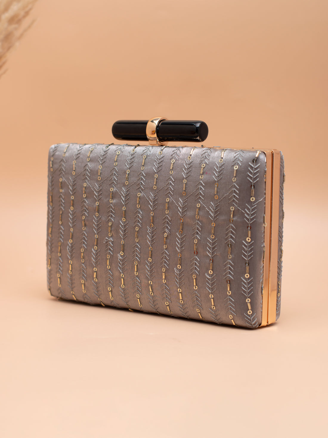 Artklim Elegant Grey Embroidered Clutch with Golden Sling