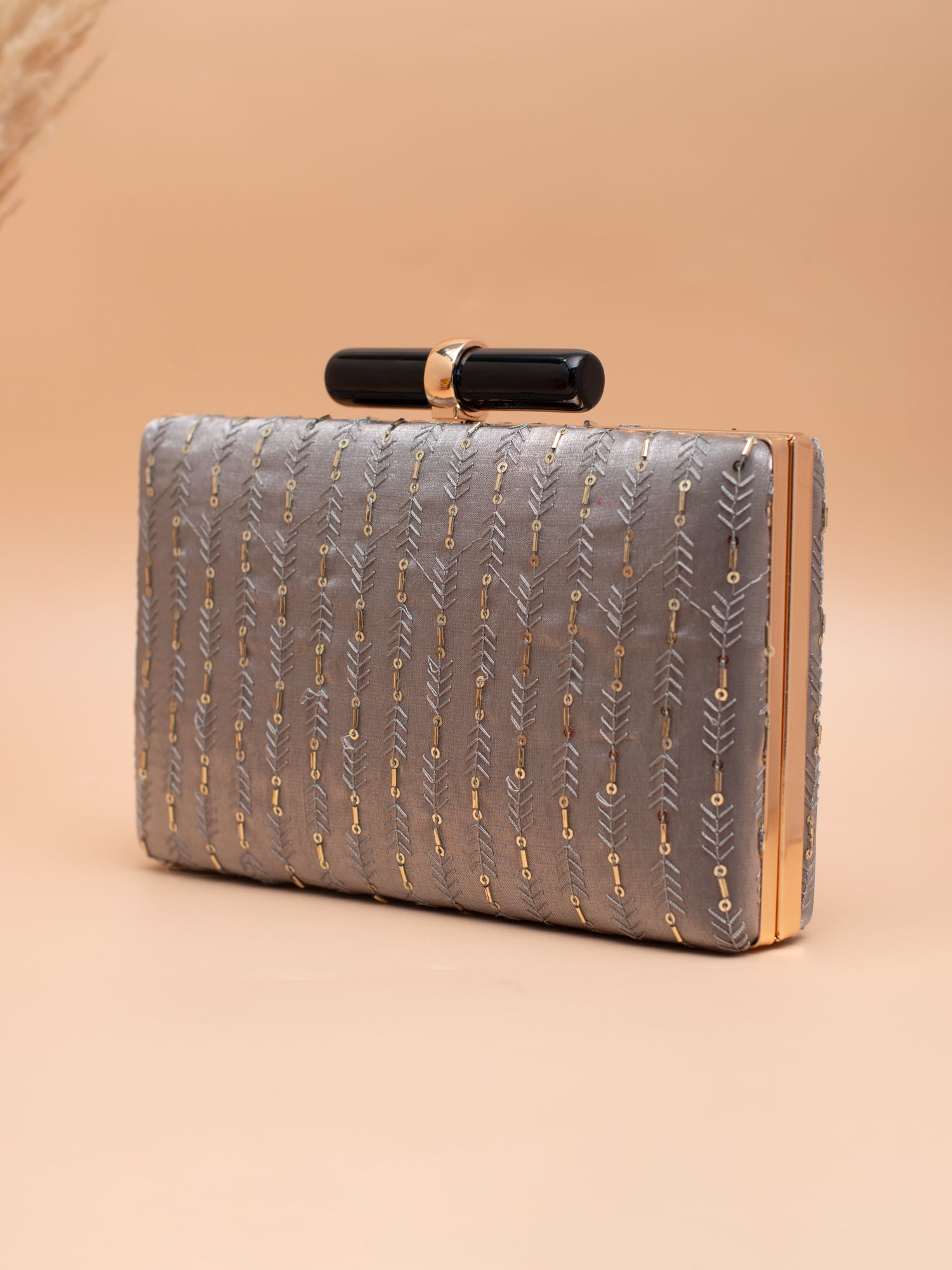 Artklim Elegant Grey Embroidered Clutch with Golden Sling