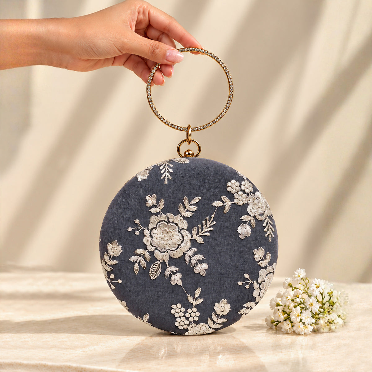 Artklim Elegant Grey Floral Embroidered Round Clutch Bag with Golden Crystal Ring Handle