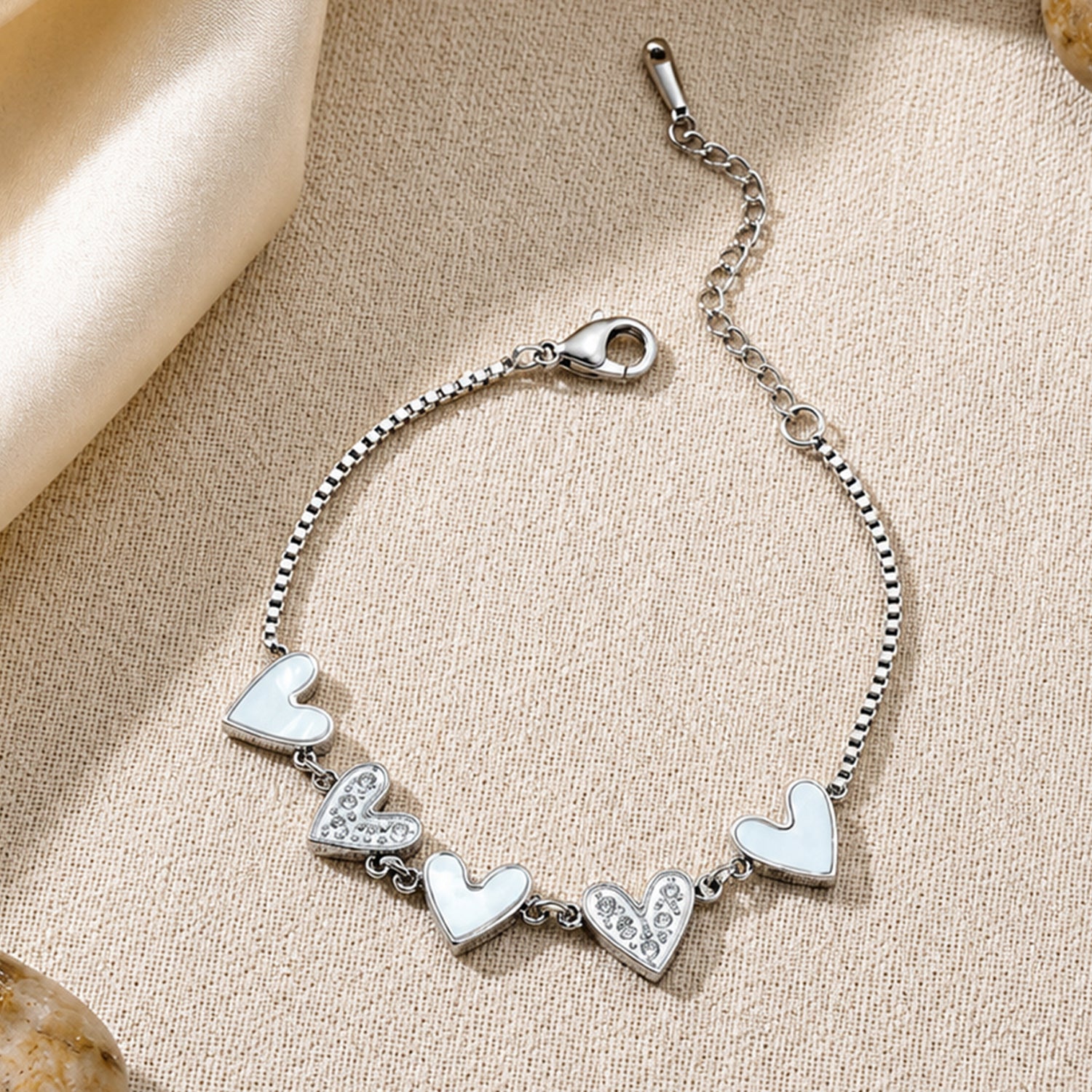 Artklim Silver Heart Link Crystal Anti-Tarnish Bracelet