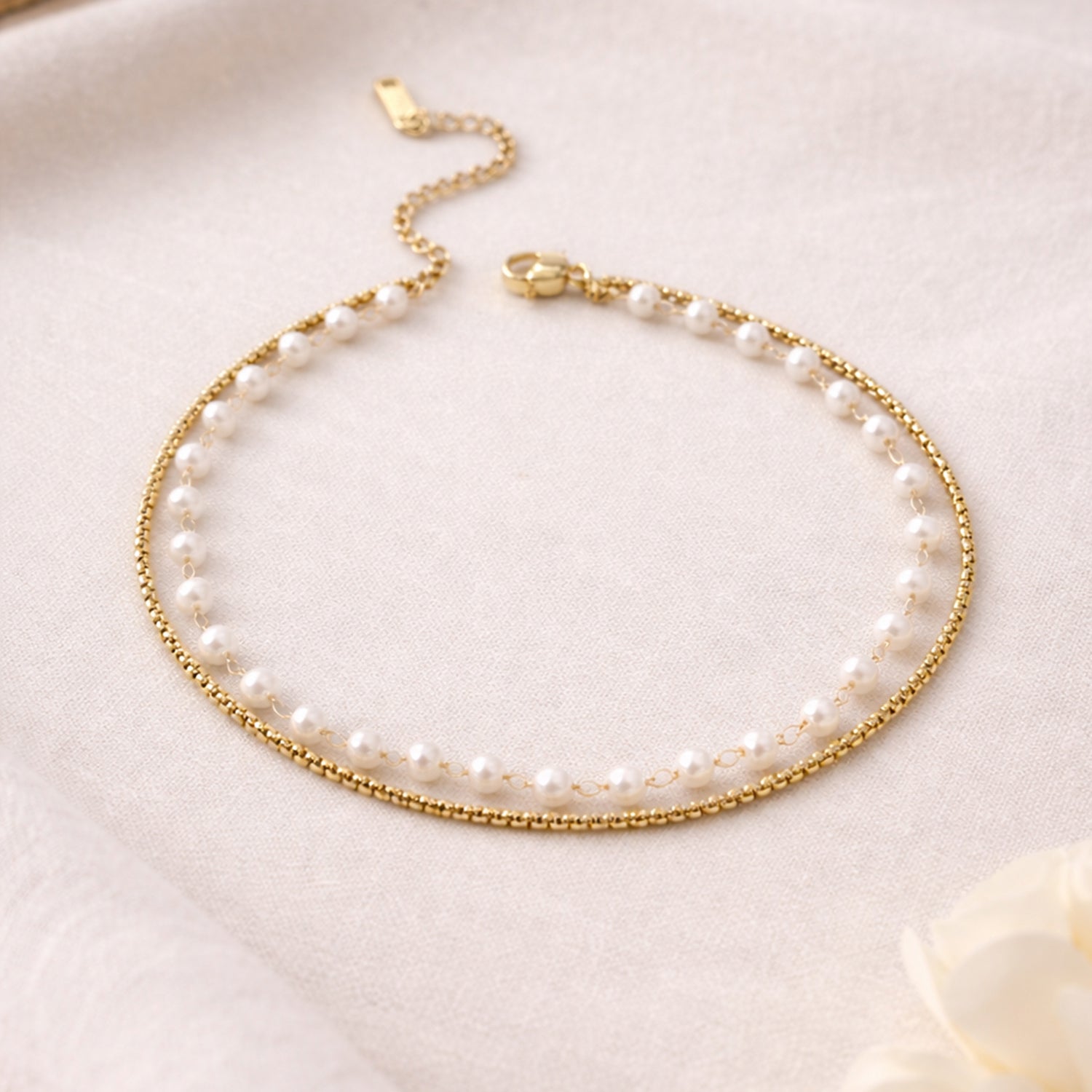 Artklim Elegant Gold Double-Layer Pearl Anti-Tarnish Anklet