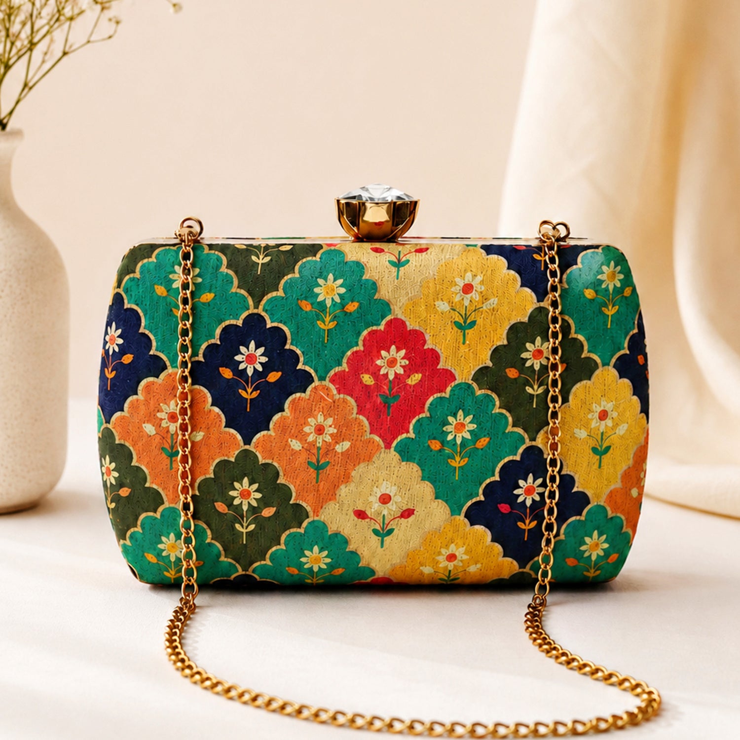 Artklim Multicolor Floral Arch Pattern Chain Strap Printed Clutch