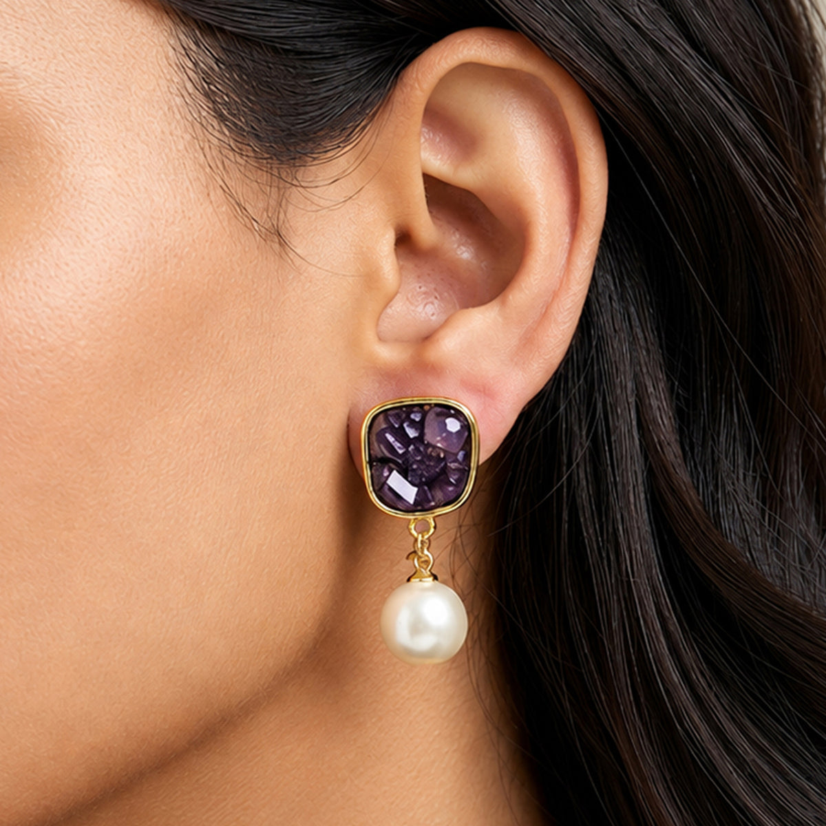 Artklim Elegant Multicolor Stone Pearl Gold-Tone Anti-Tarnish Earring