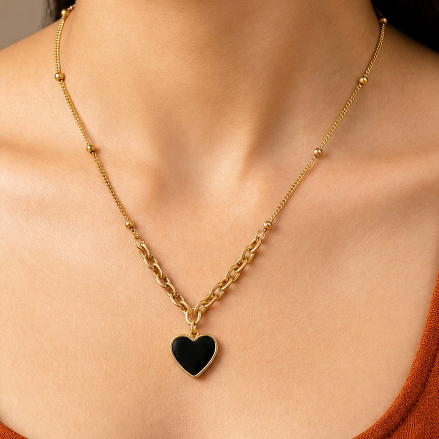 Artklim Black Heart Chain Anti-Tarnish Pendant Necklace