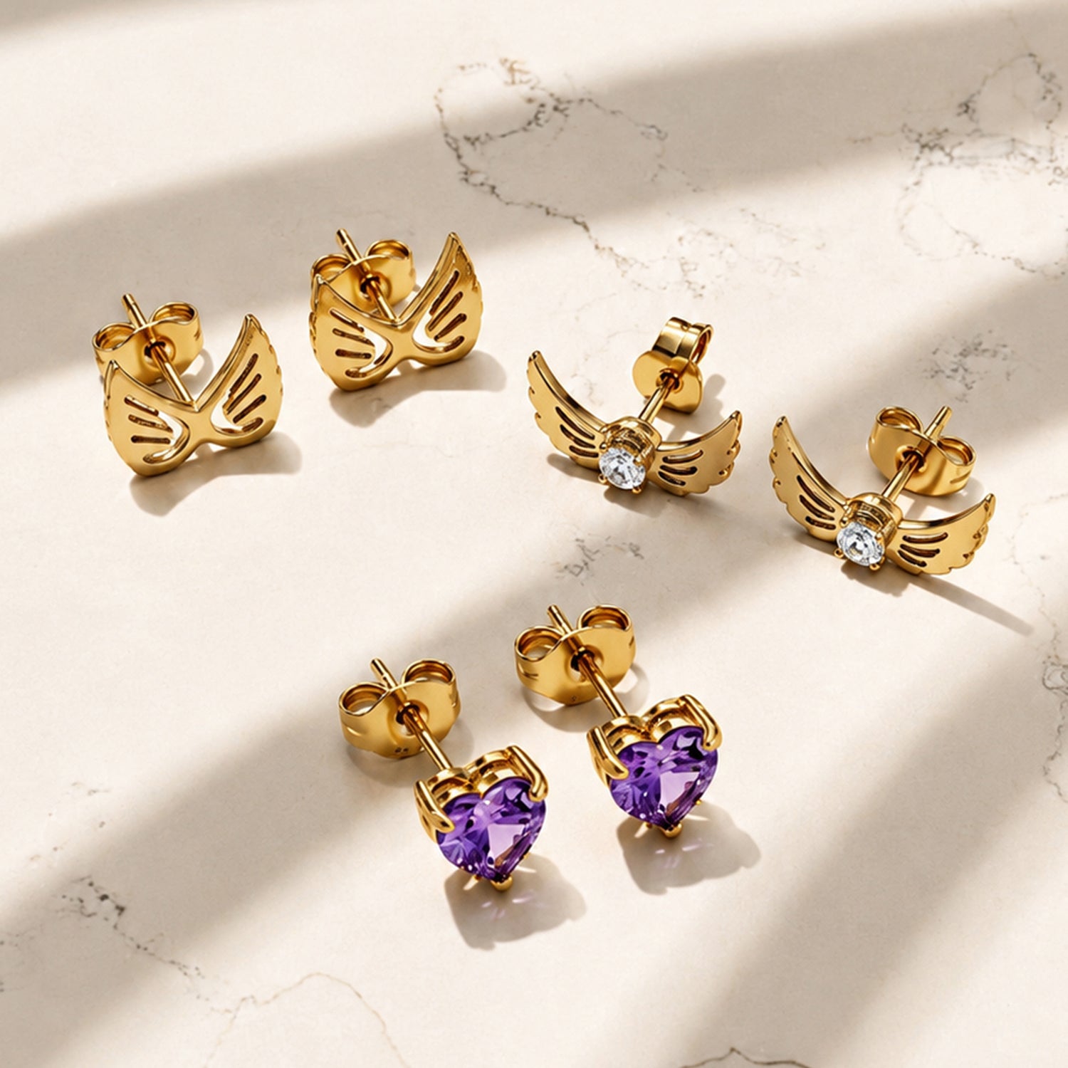 Artklim Angel Wing, Crystal Wing & Purple Heart 3 Pair Set Anti-Tarnish Earring