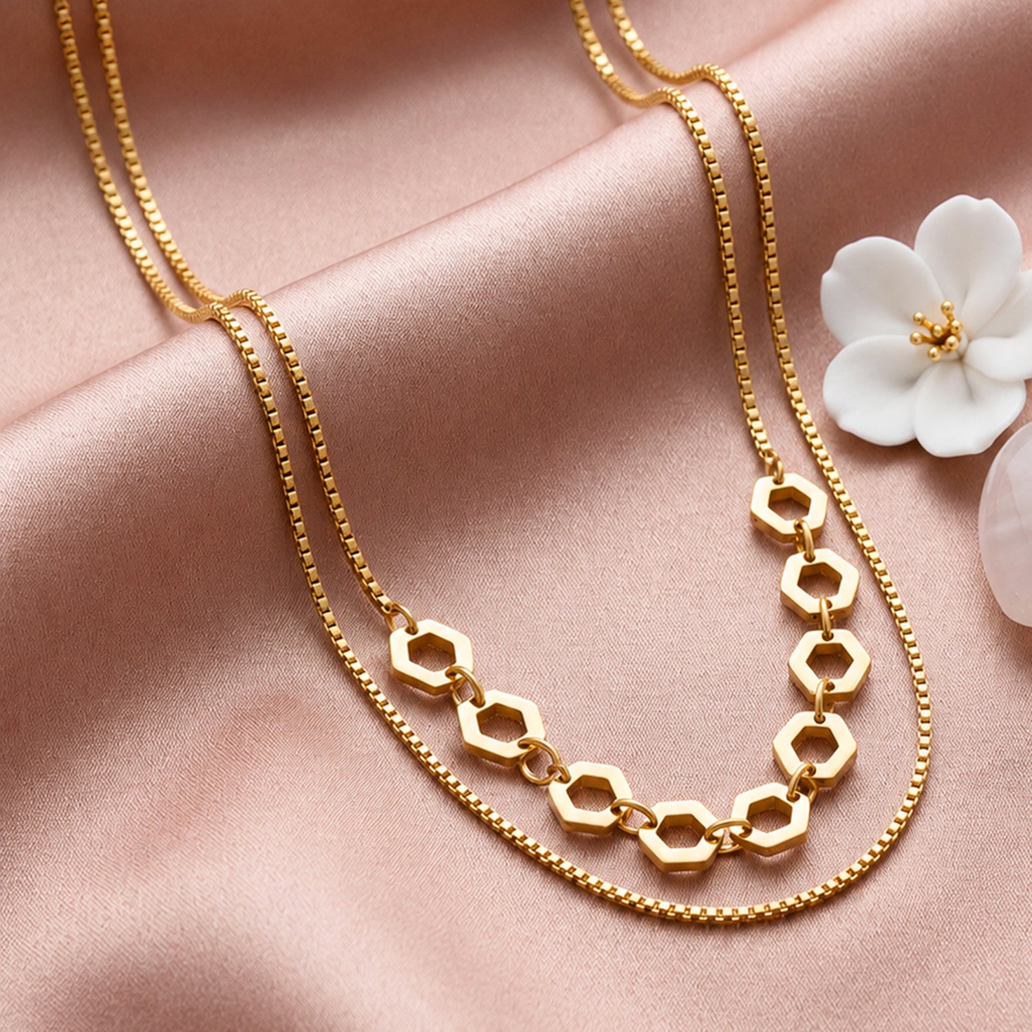 Artklim Geometric Hexagon Double Layer Anti-tarnish Necklace