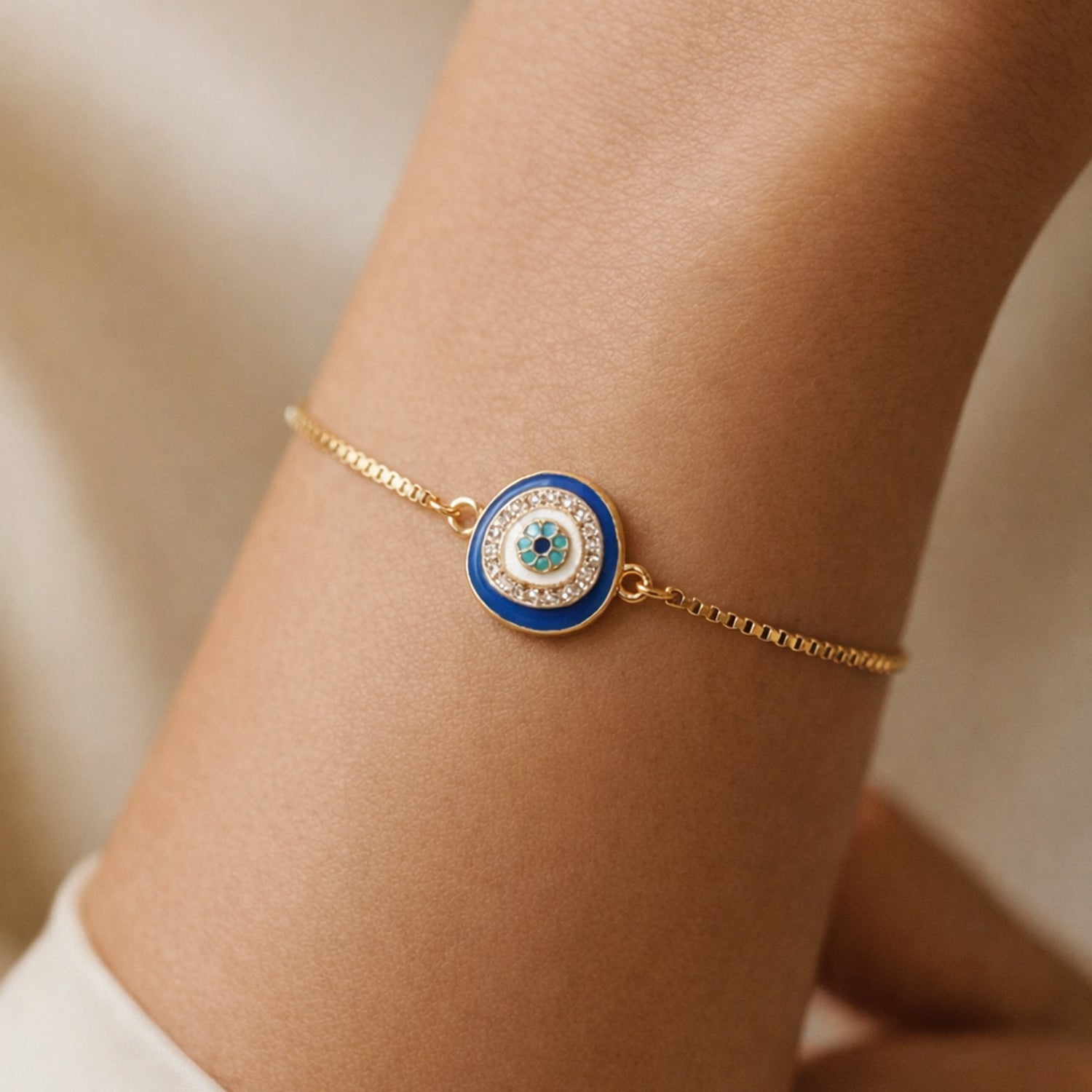 Artklim Gold Plated Elegant Blue Evil Eye Adjustable Anti-Tarnish Bracelet