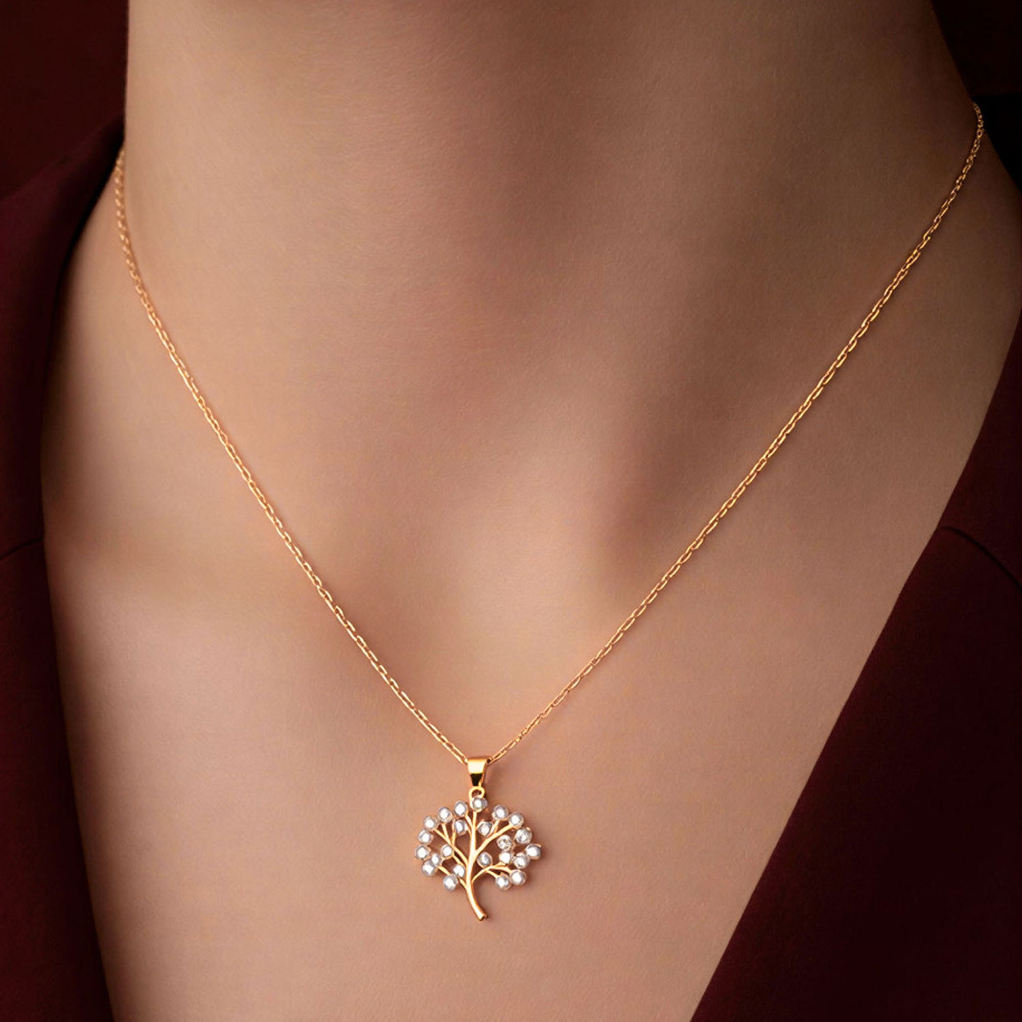 Artklim Gold-Plated Elegant Crystal Tree Anti-Tarnish Pendant Necklace