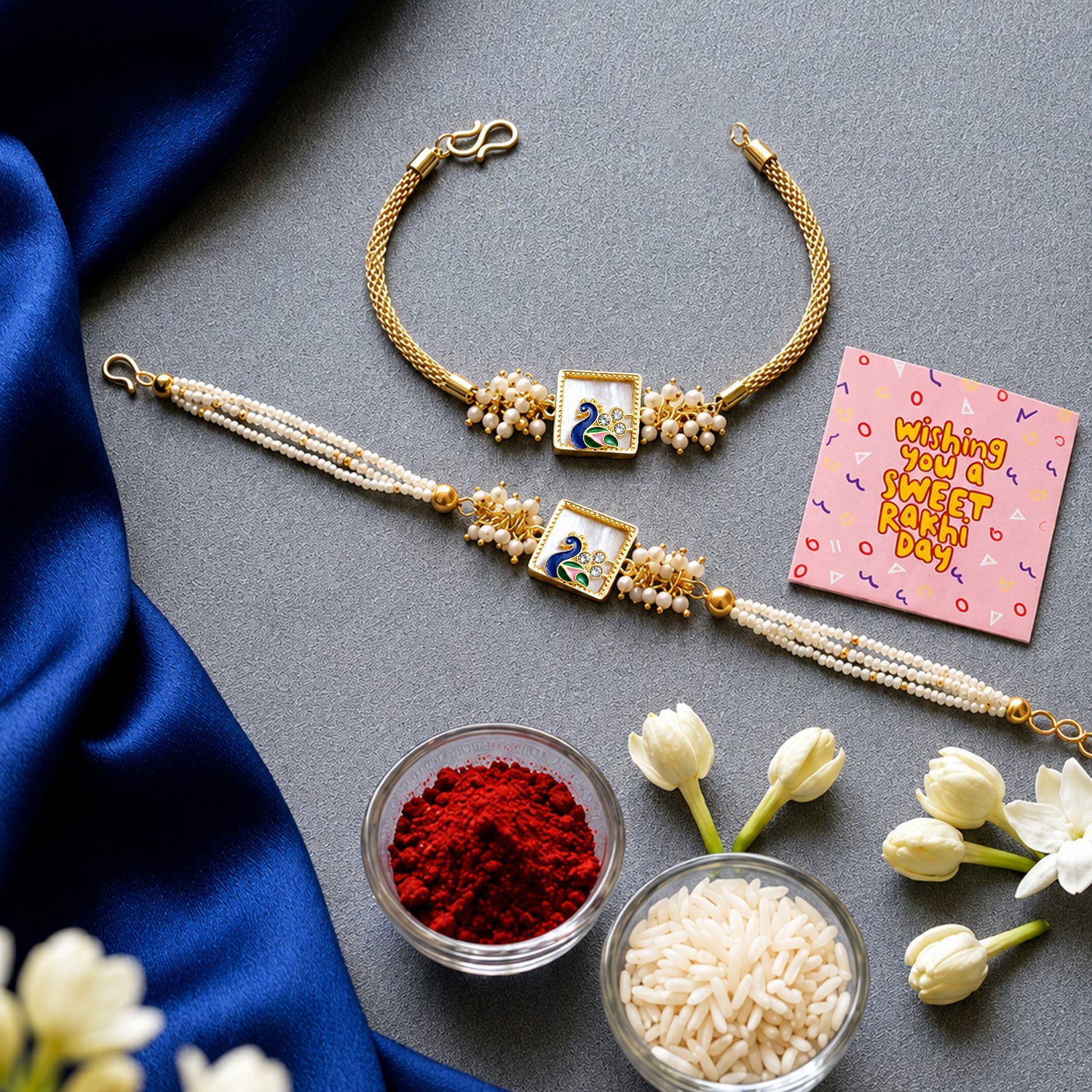 Artklim Royal Peacock Bhaiya Bhabhi Rakhi Set with Pearl Clusters