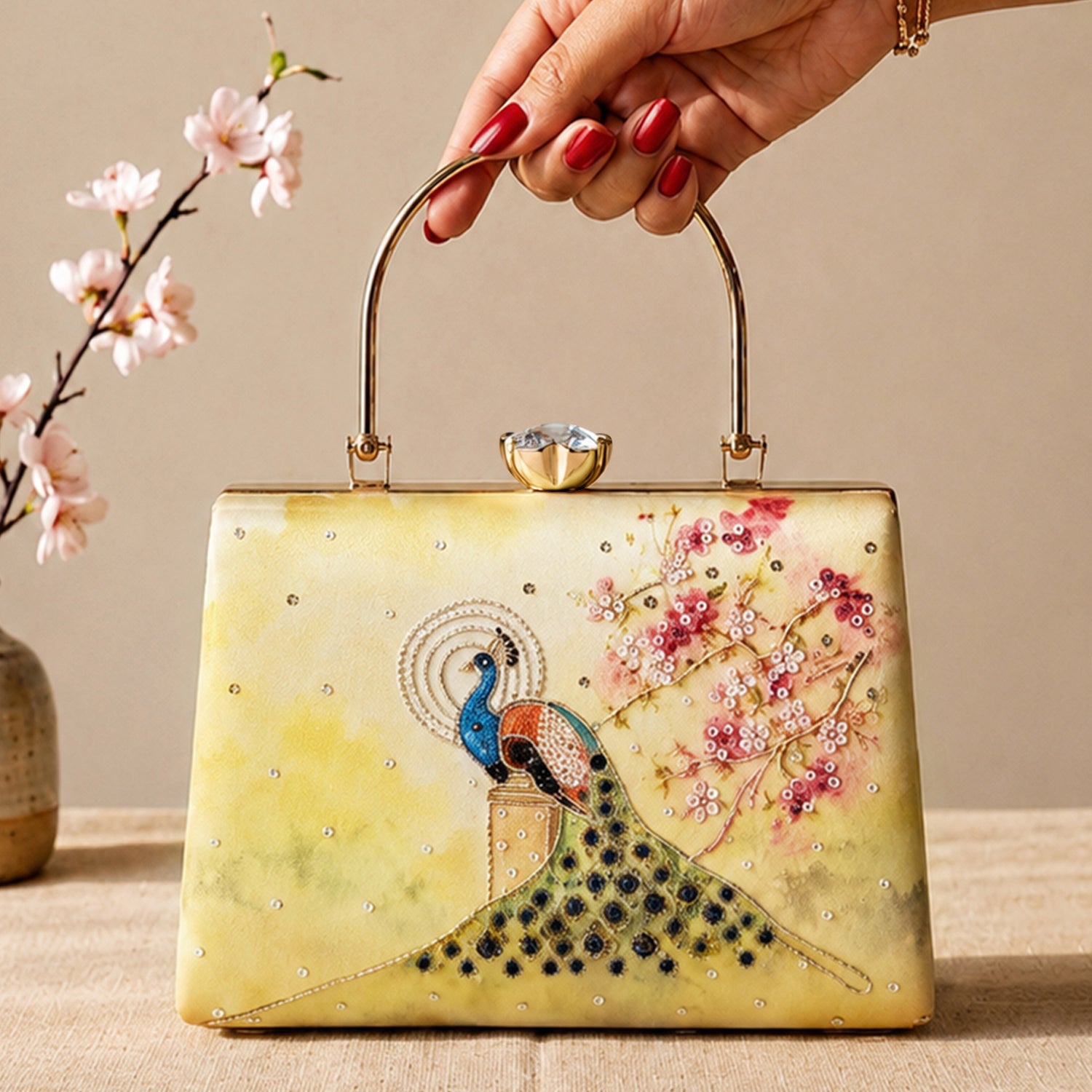 Artklim Printed Royal Peacock Blossom Embellished Clutch with Hand Embroidery