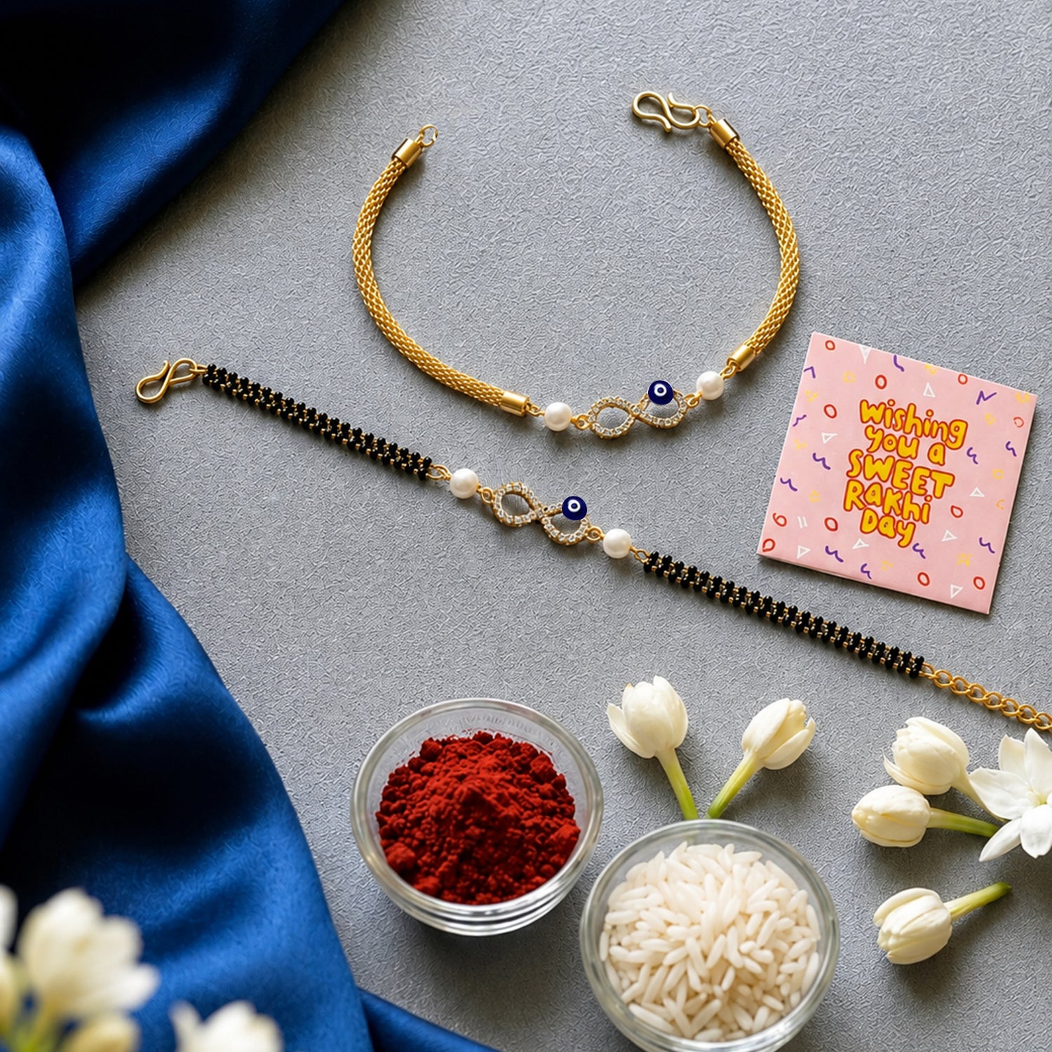 Artklim Infinity Evil Eye Bhaiya Bhabhi Rakhi Set with Pearl Beads