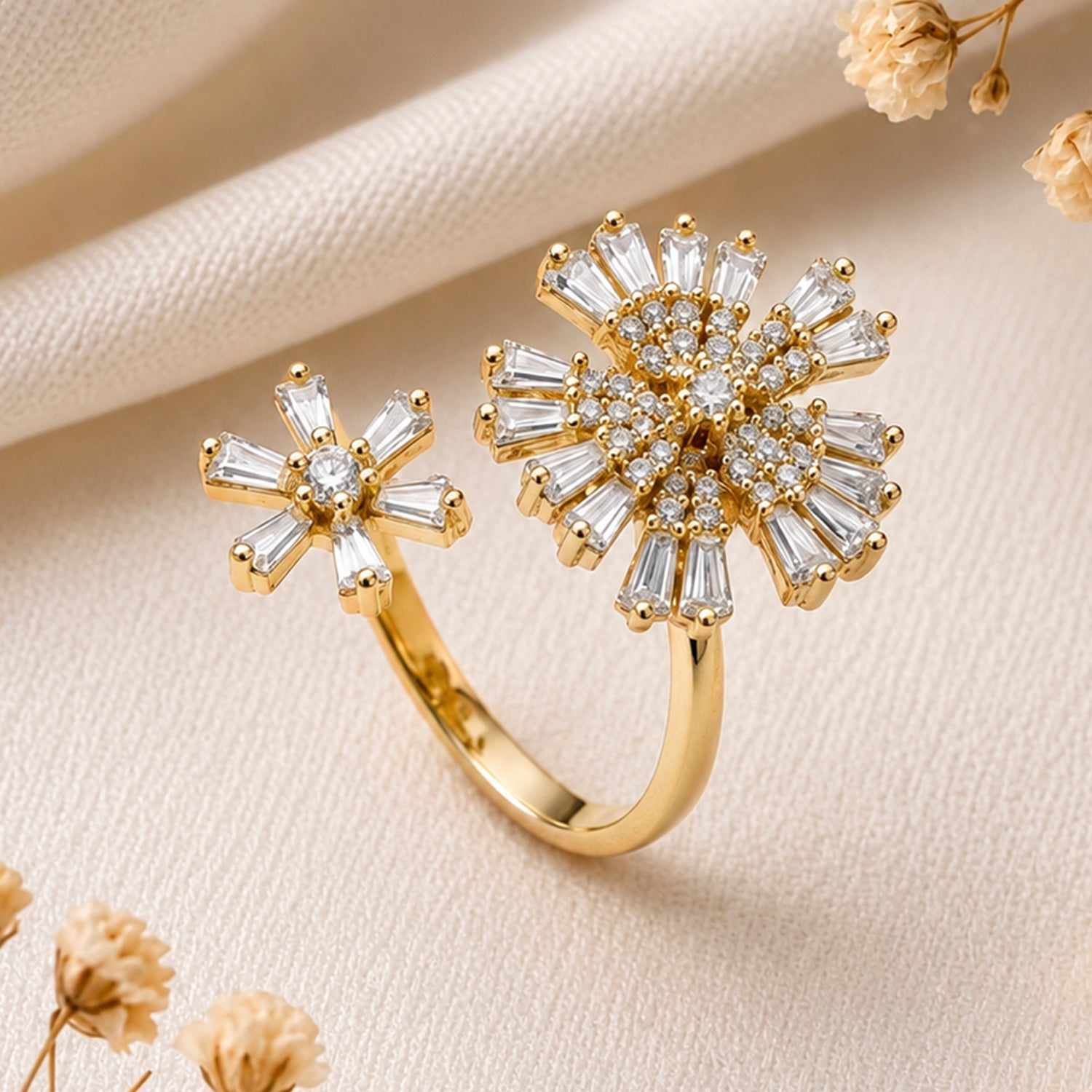 Artklim Gold Twin Daisy Revolving Flower Crystal Adjustable Anti-Tarnish Copper Ring