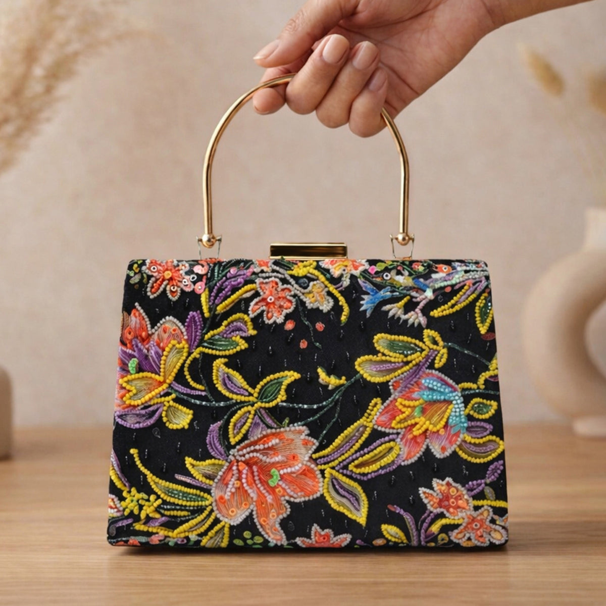 Artklim Printed Black Multicolor Floral Clutch with Hand Embroidery