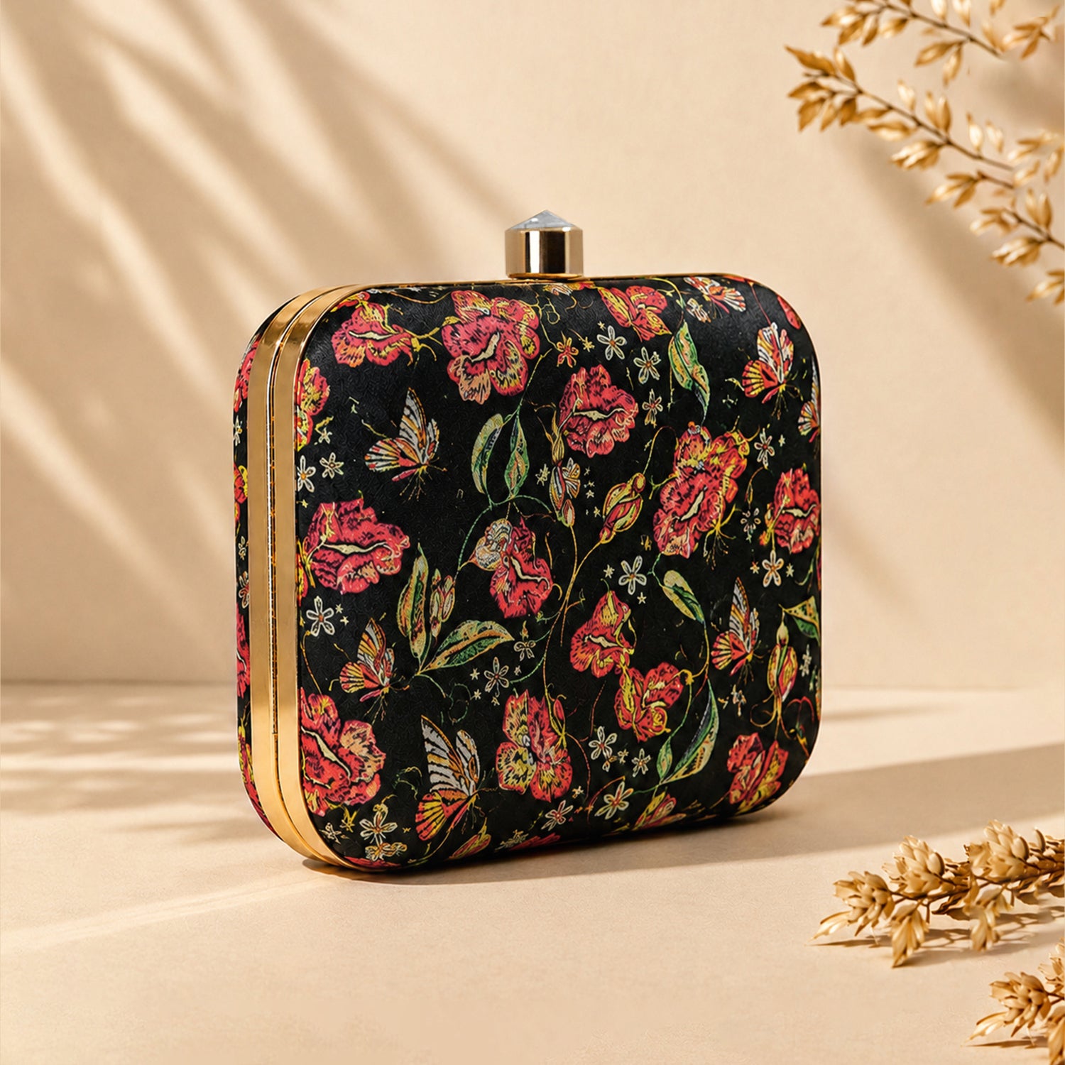 Artklim Black Floral & Butterfly Printed Designer Clutch