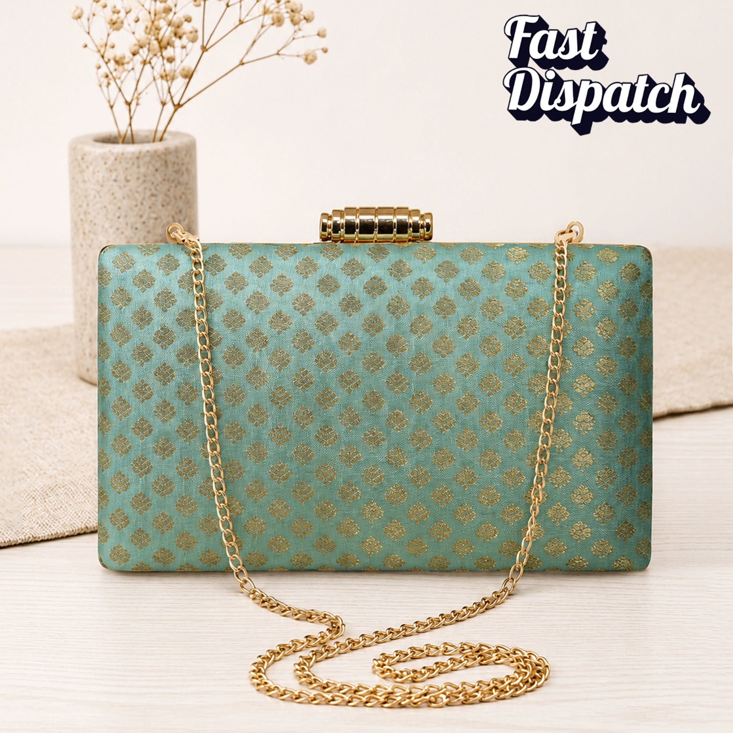 Marine Green Brocade Rectangle Fabric Clutch