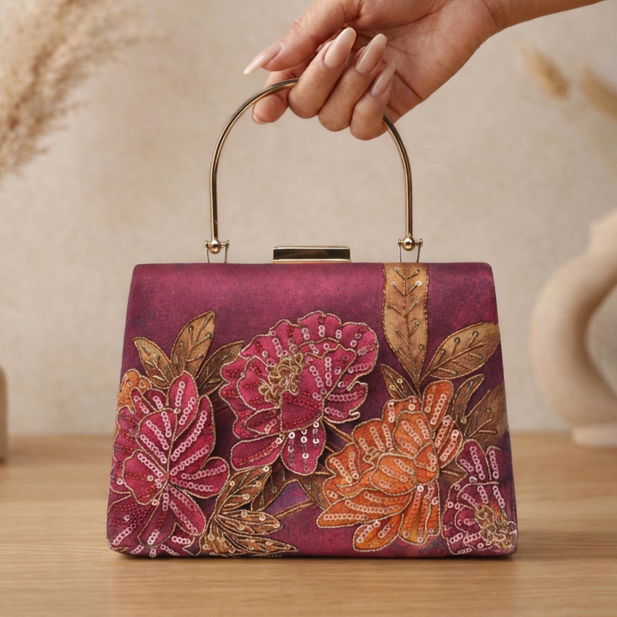 Artklim Printed Burgundy Floral Sequin Clutch with Hand Embroidery