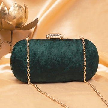 Artklim Dark Green Base Plain Velvet Fabric Clutch