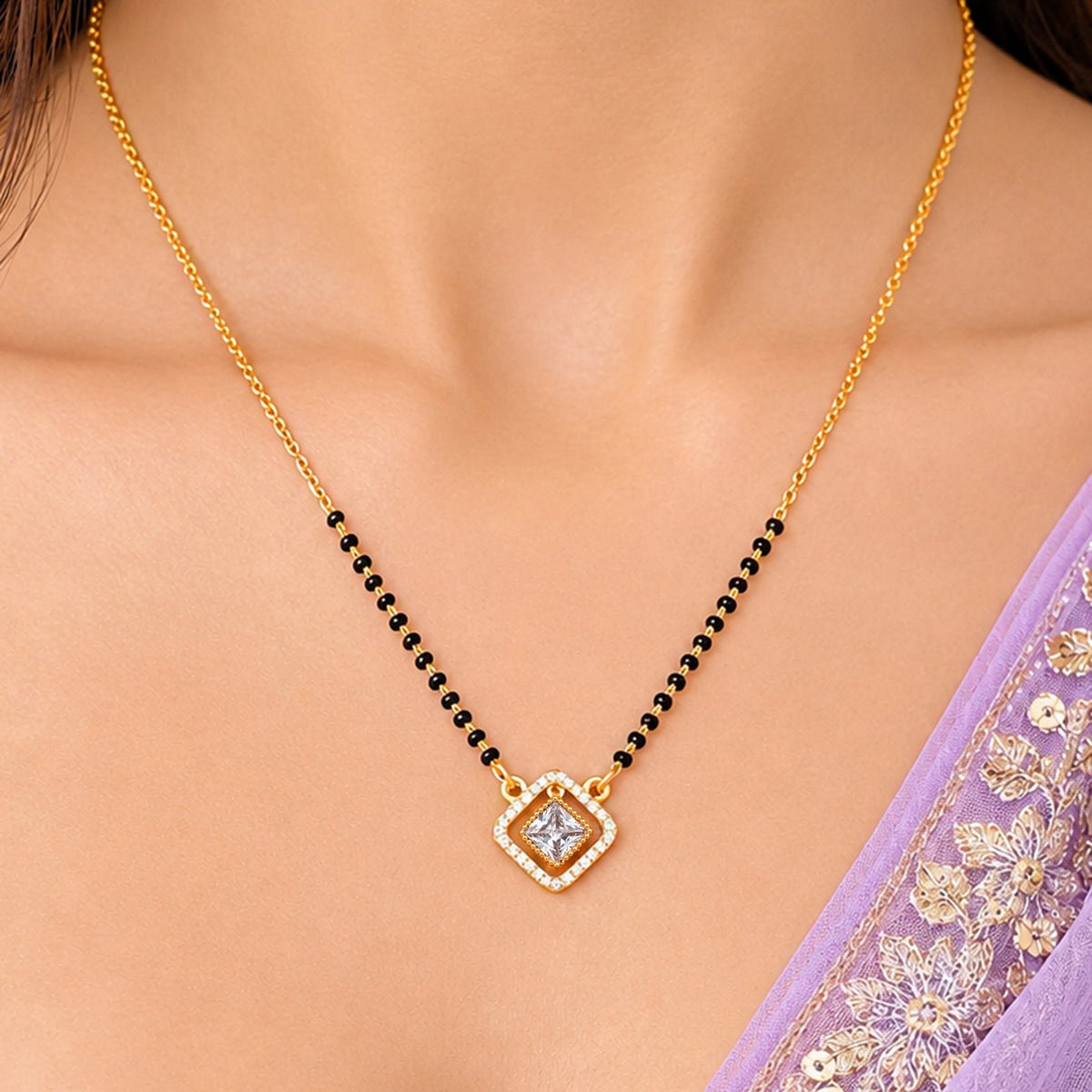 Artklim Elegant Square Solitaire CZ Pendant Gold-Plated Mangalsutra with Black Beads