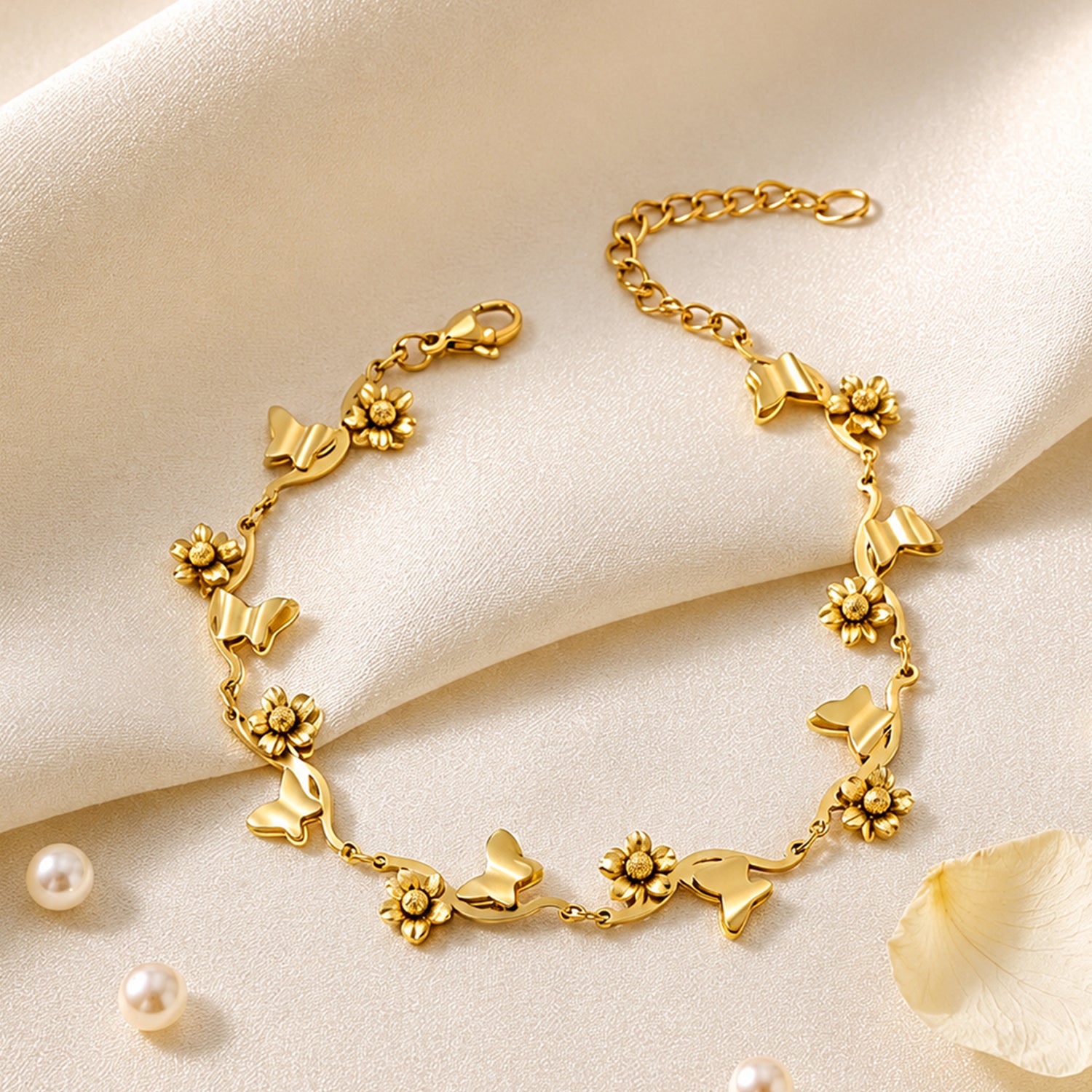 Artklim Gold Butterfly & Flower Charm Bracelet Anti-Tarnish Bracelet