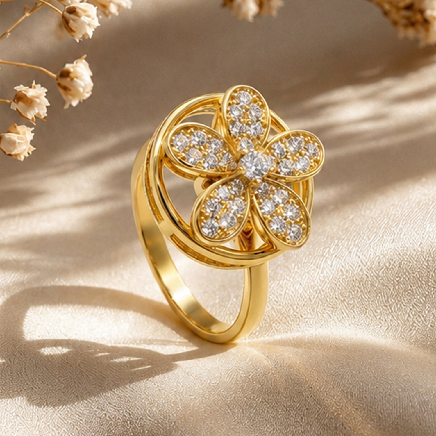 Artklim Golden Petal Revolving Flower Crystal Adjustable Anti-Tarnish Copper Ring