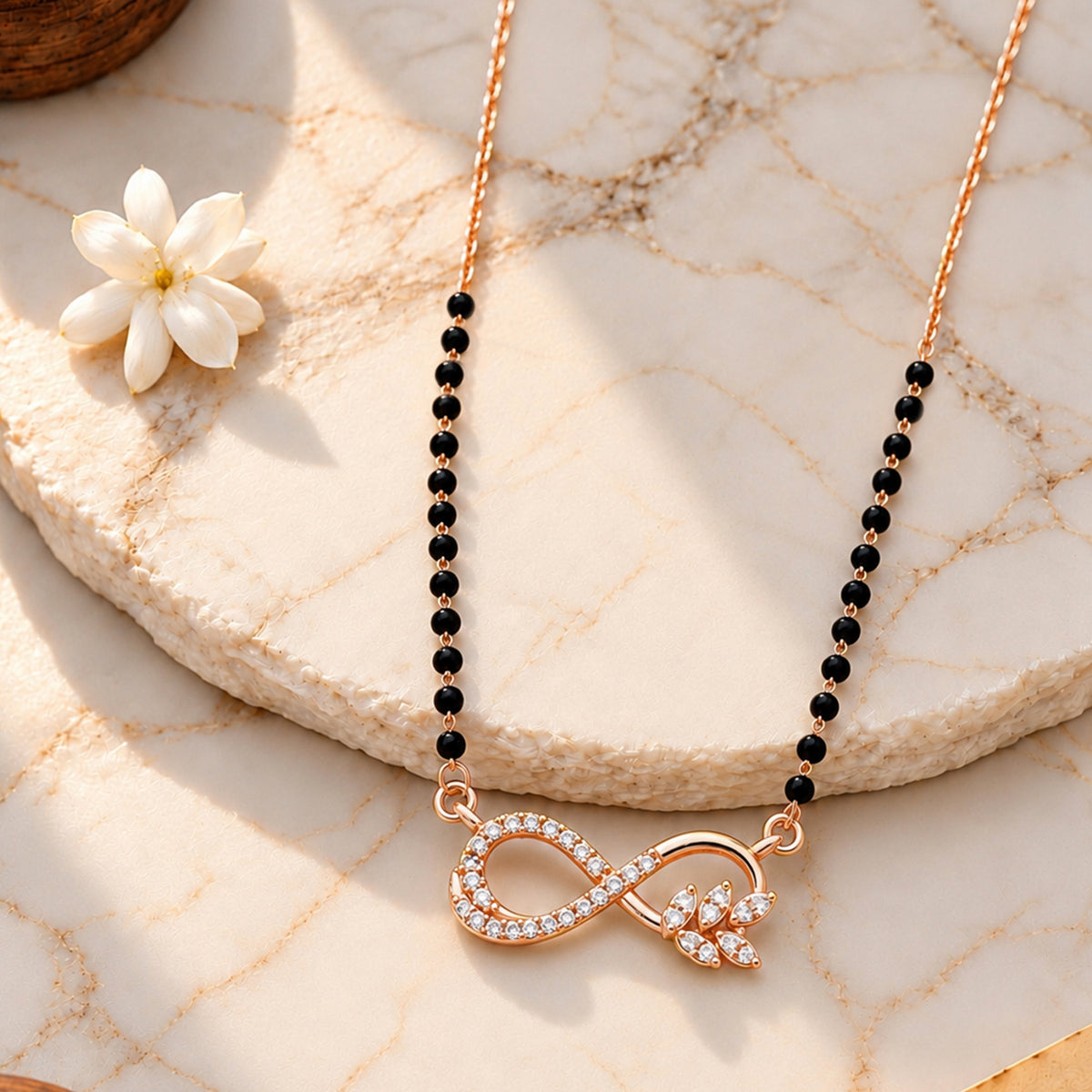 Artklim Elegant Rose Gold-Plated Infinity Pendant Mangalsutra with Black Beads for Women