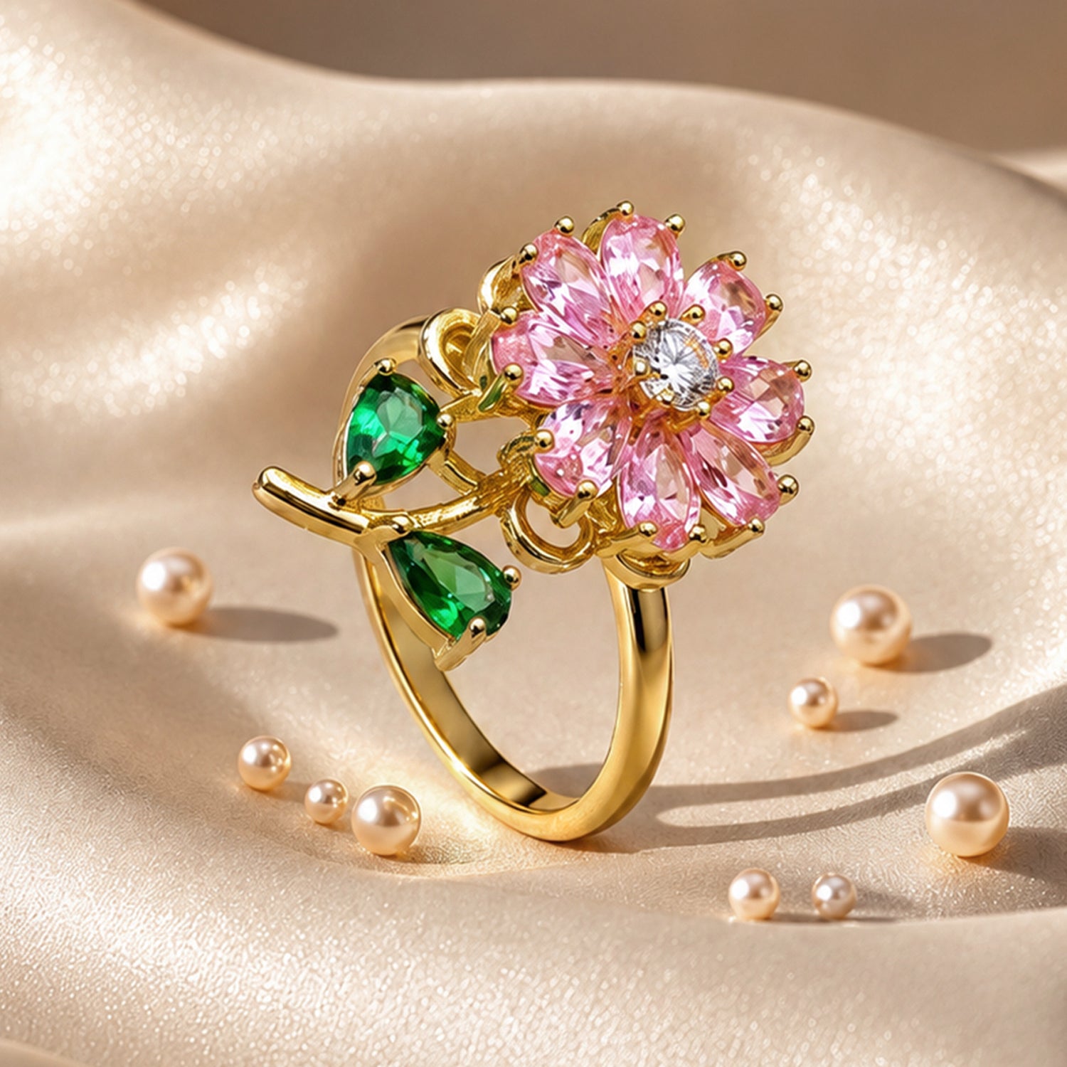Artklim Pink Blossom Revolving Crystal Flower Adjustable Anti-Tarnish Copper Ring