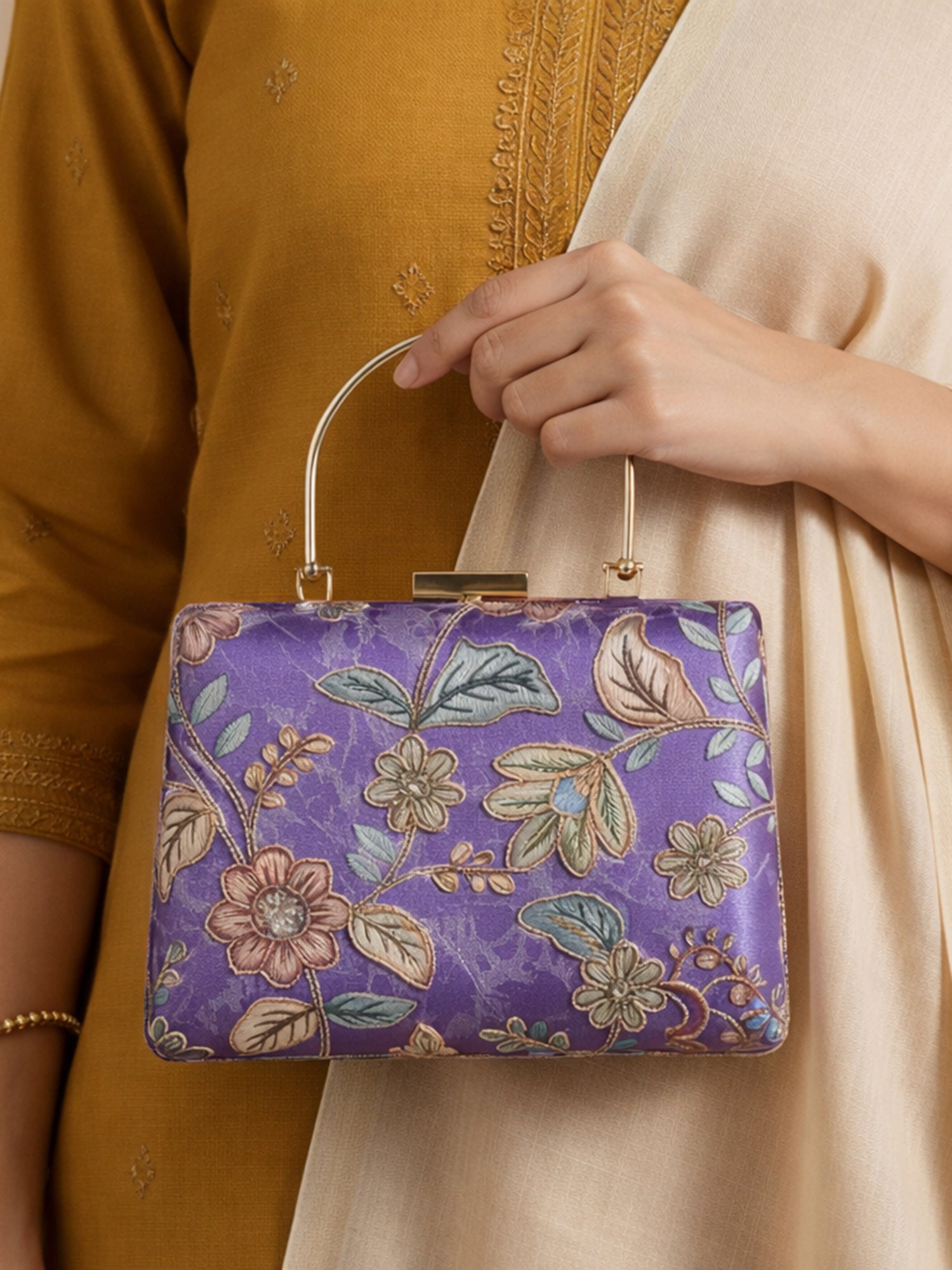 Artklim Lavender Floral Embroidered Clutch