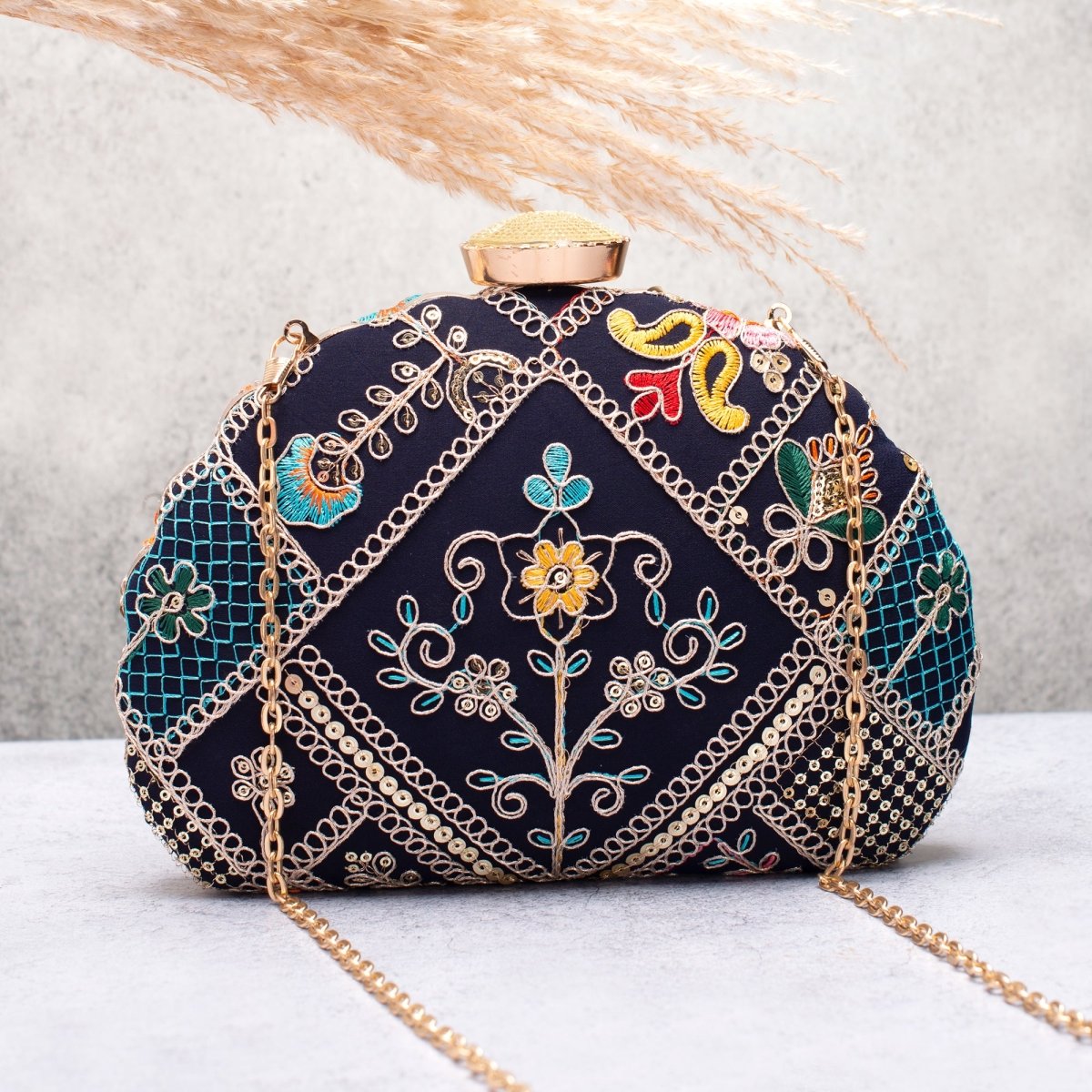 Artklim Black Base Multicolored Threadwork Embroidery Clutch