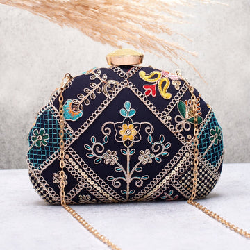 Artklim Black Base Multicolored Threadwork Embroidery Clutch