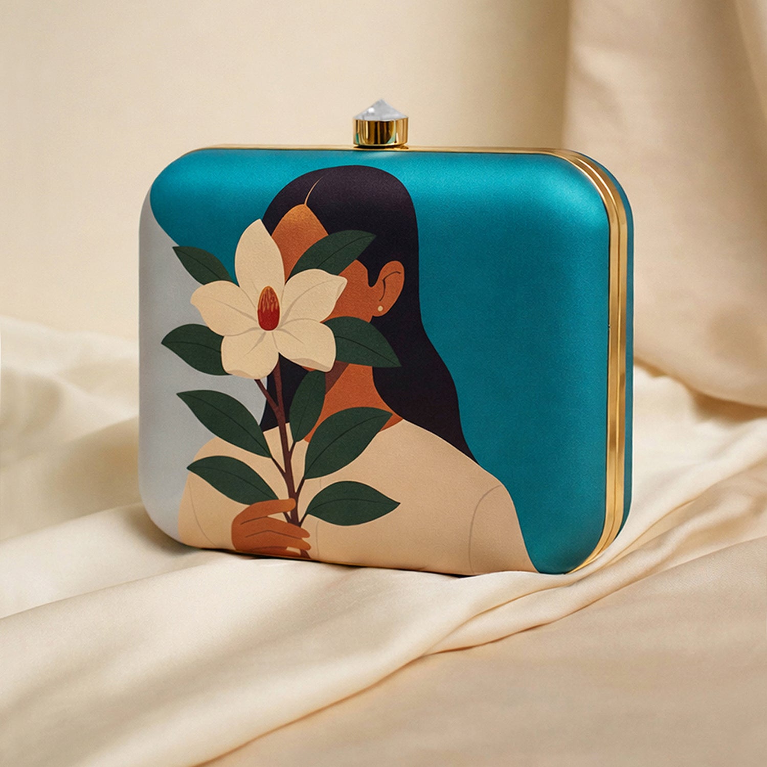 Artklim Blue Based Girl With Magnolia Flower Portrait Printed Clutch