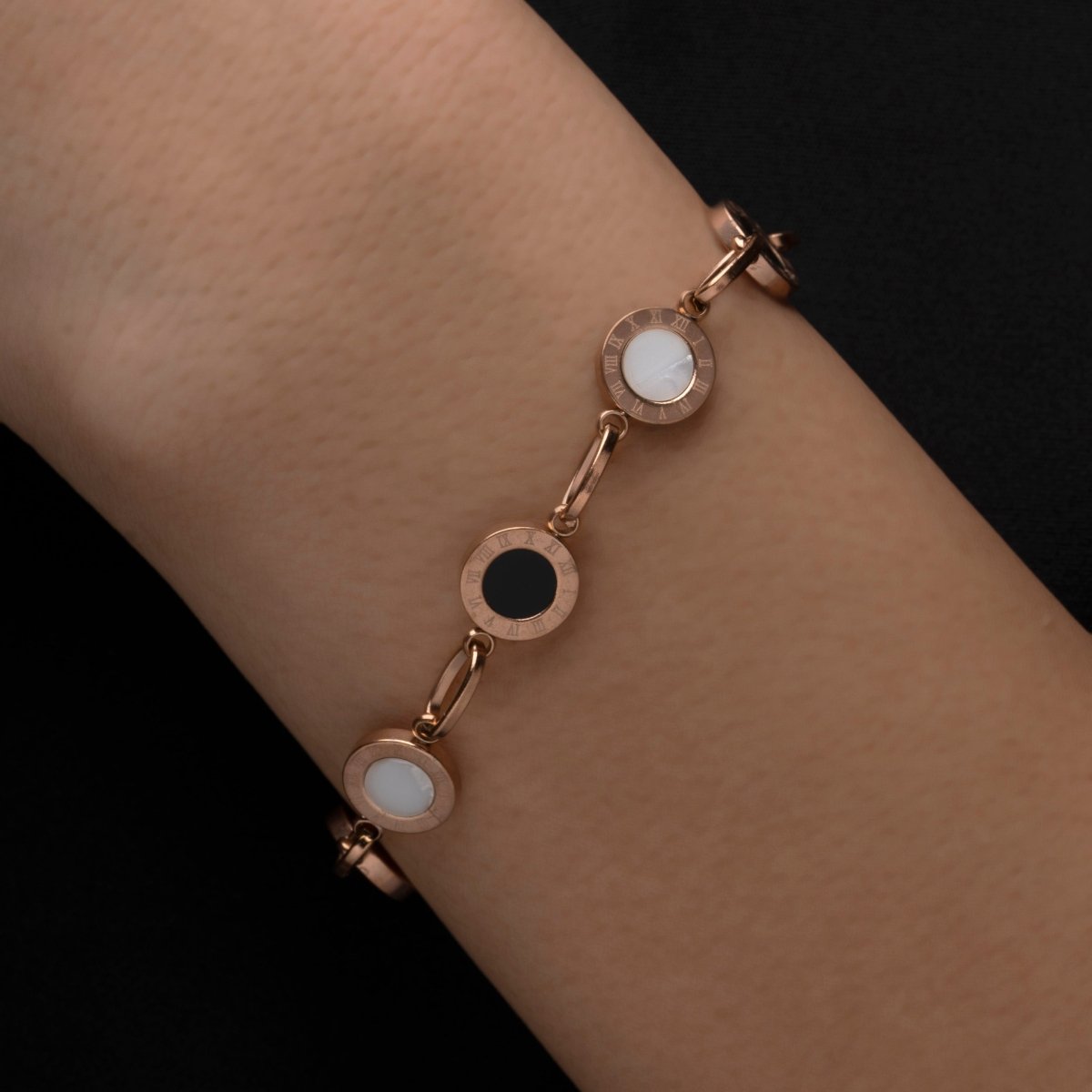Artklim Rose Gold Plated White And Black MOP Roman Numerals Bracelet