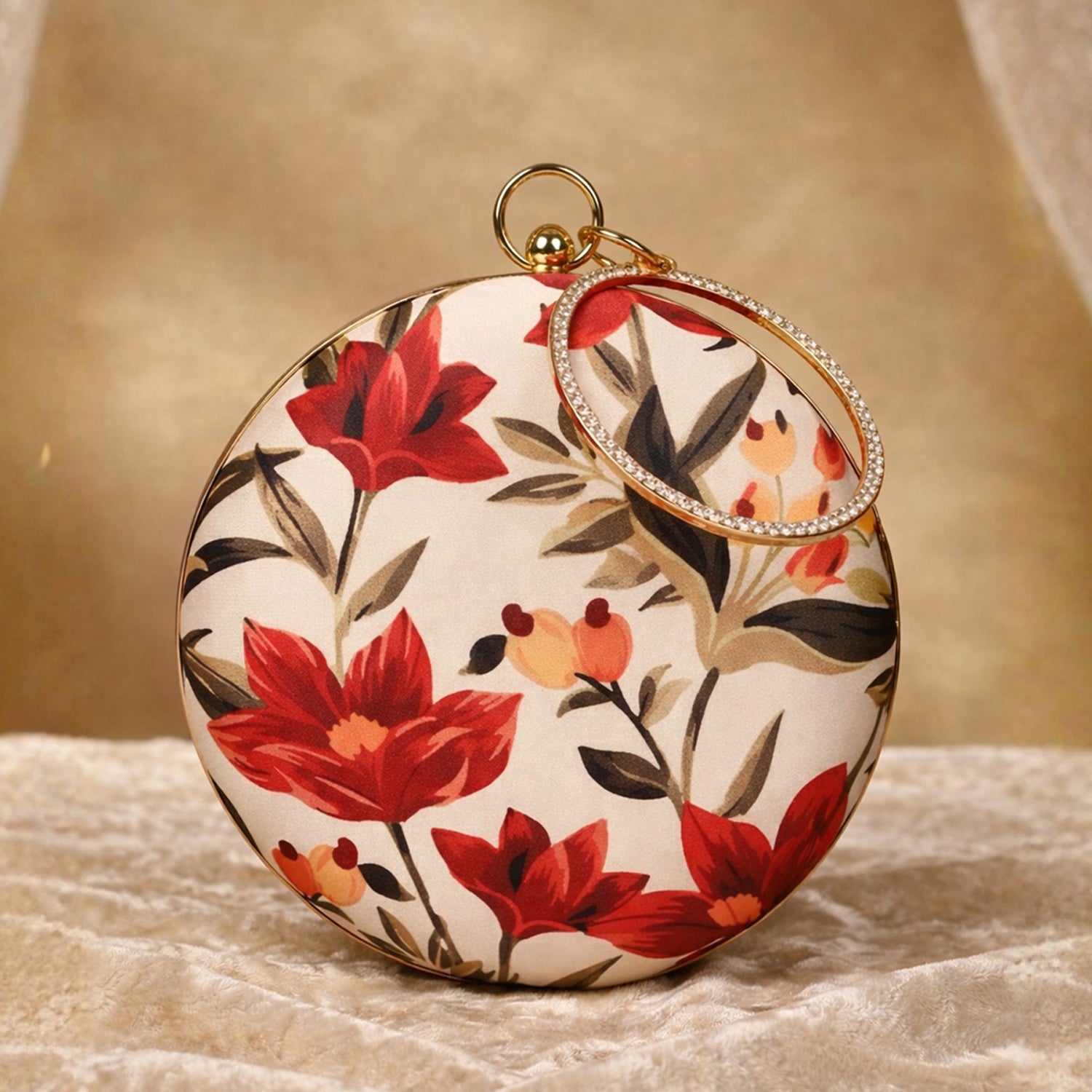 Red Floral Printed Round Clutch