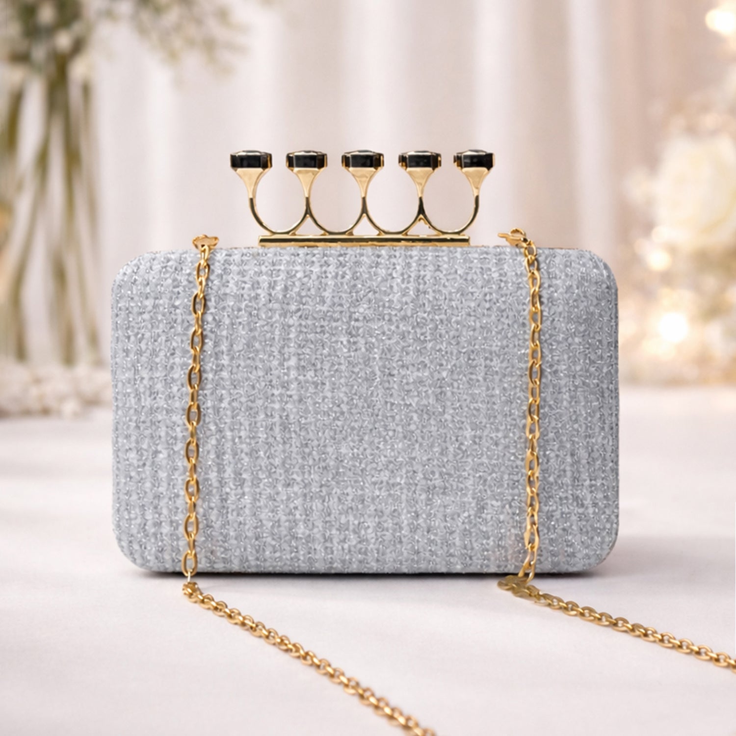 Artklim Silver Stylish Midnight Luxe Glitter Embroidery Clutch