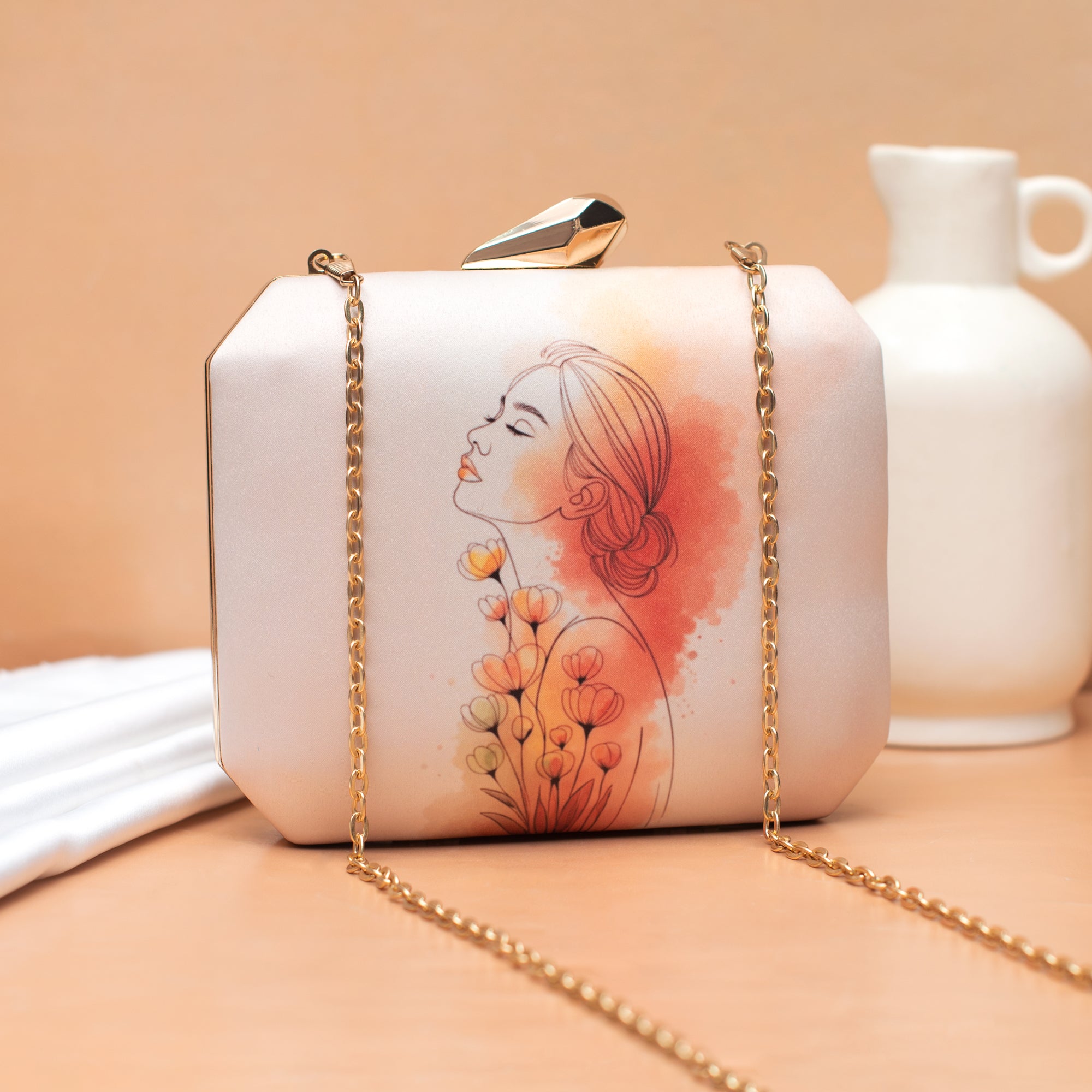 Artklim Orange Floral Silhouette Minimal Art Clutch