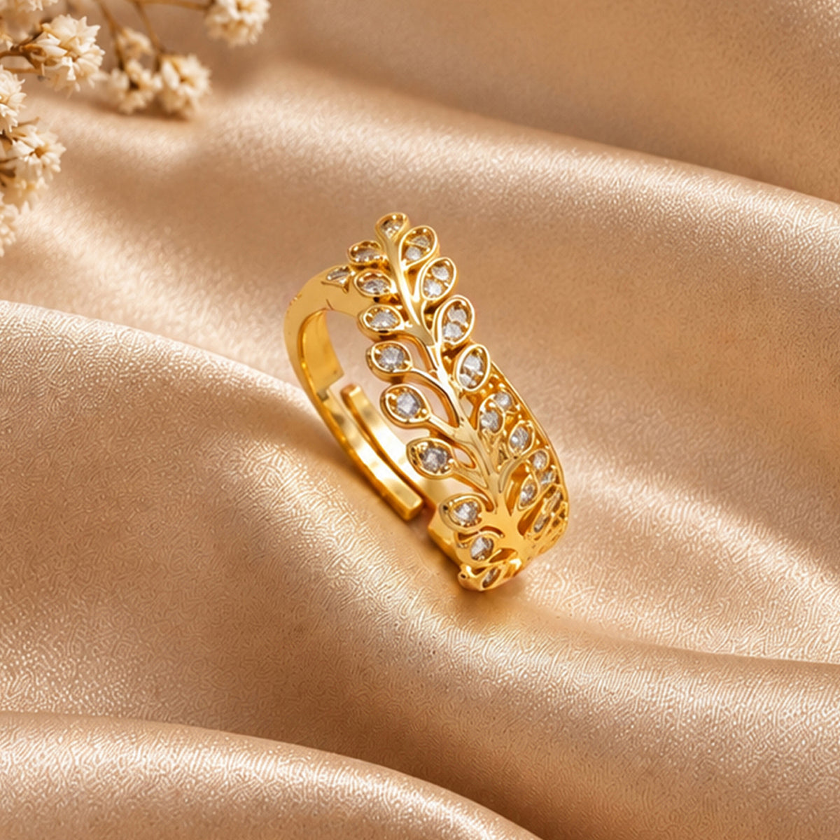 Artklim Elegant Leaf Vine Crystal Gold-Tone Statement Anti-Tarnish Ring