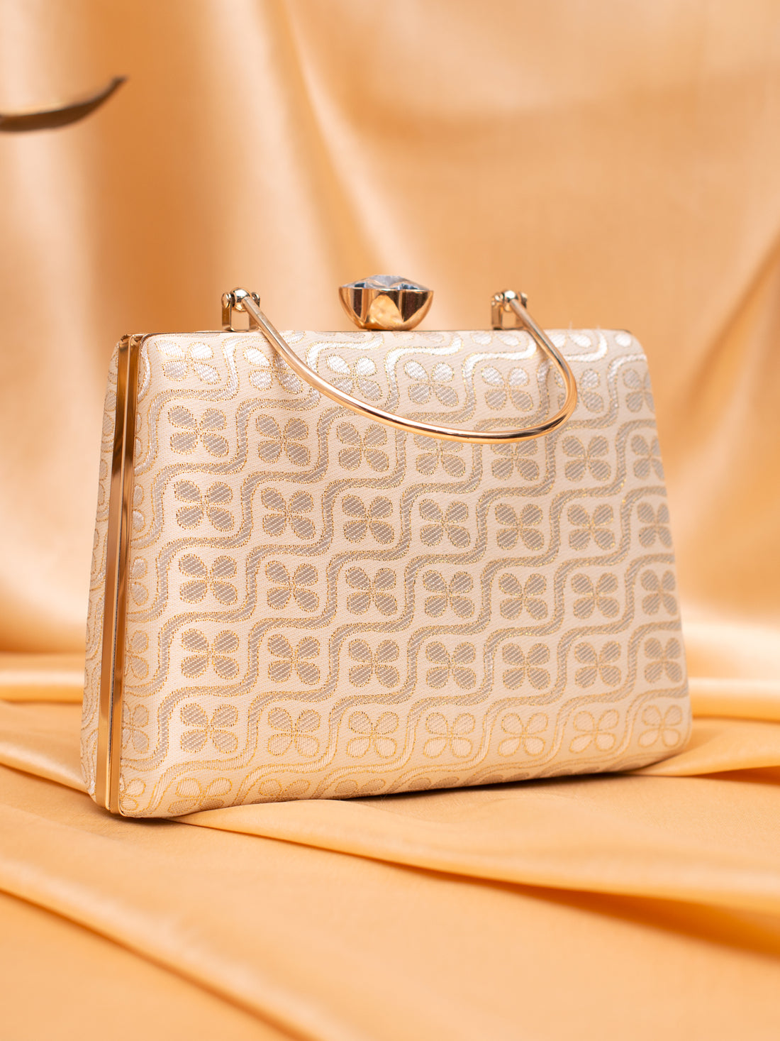 Artklim Elegant Beige-Gold Geometric Floral Evening Bag