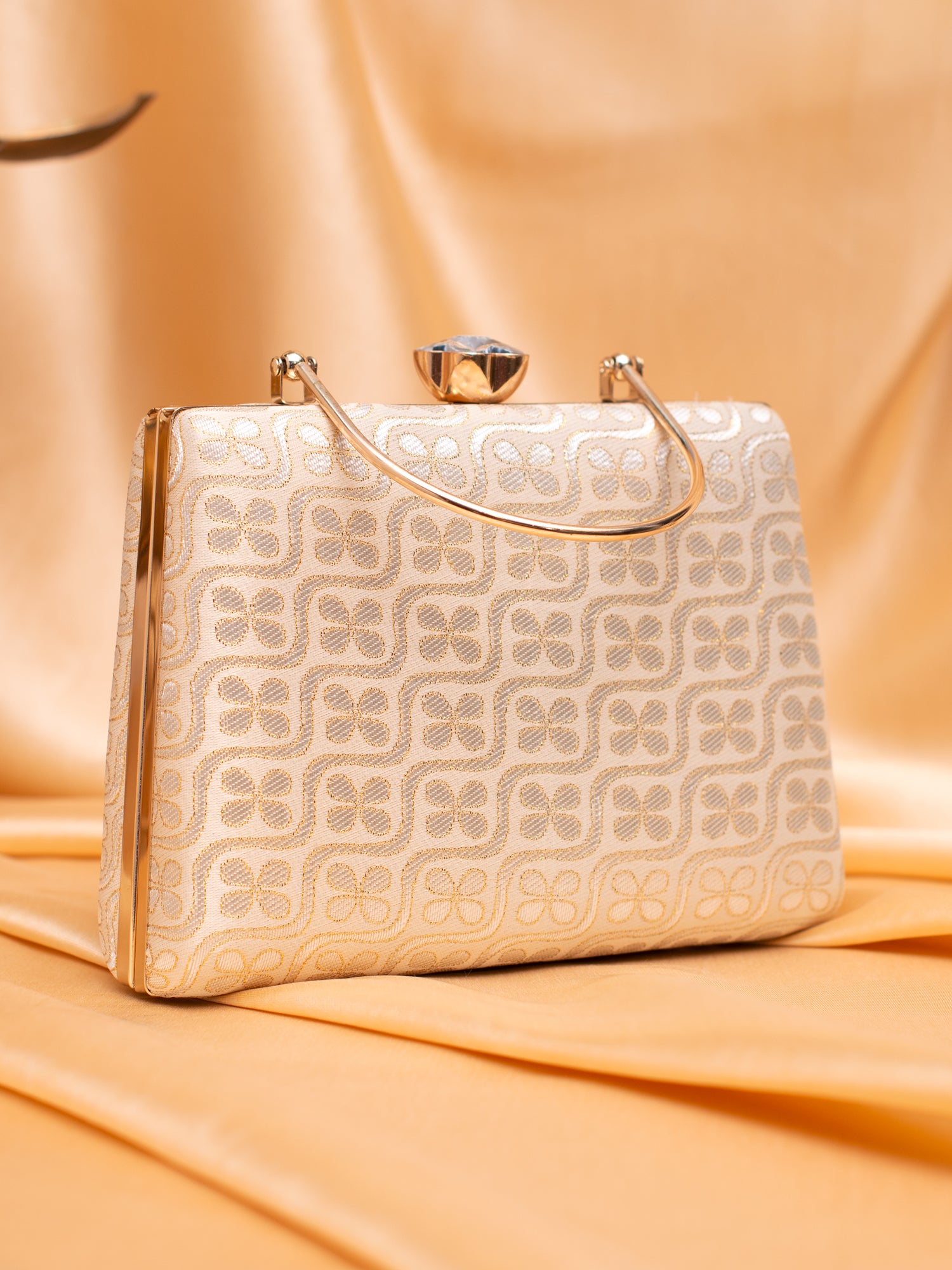 Artklim Elegant Beige-Gold Geometric Floral Evening Bag