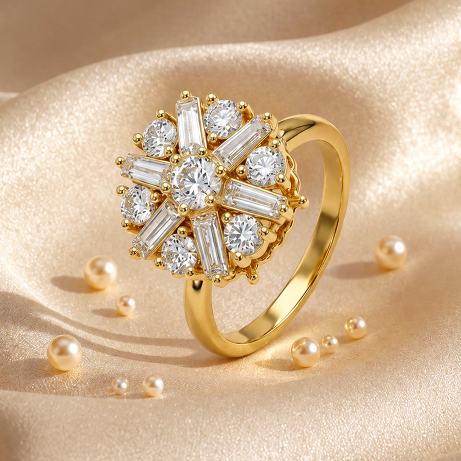 Artklim Golden Bloom Revolving Flower Crystal Adjustable Anti-Tarnish Copper Ring