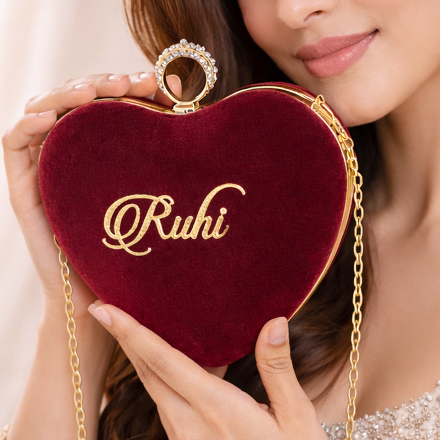 Artklim Maroon Heart-Shaped Velvet Name Customized Clutch