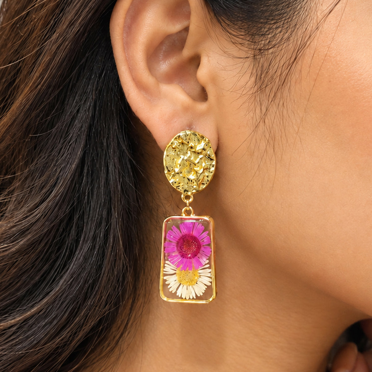 Artklim Elegant Pink & White Floral Gold-Tone Anti-Tarnish Earring