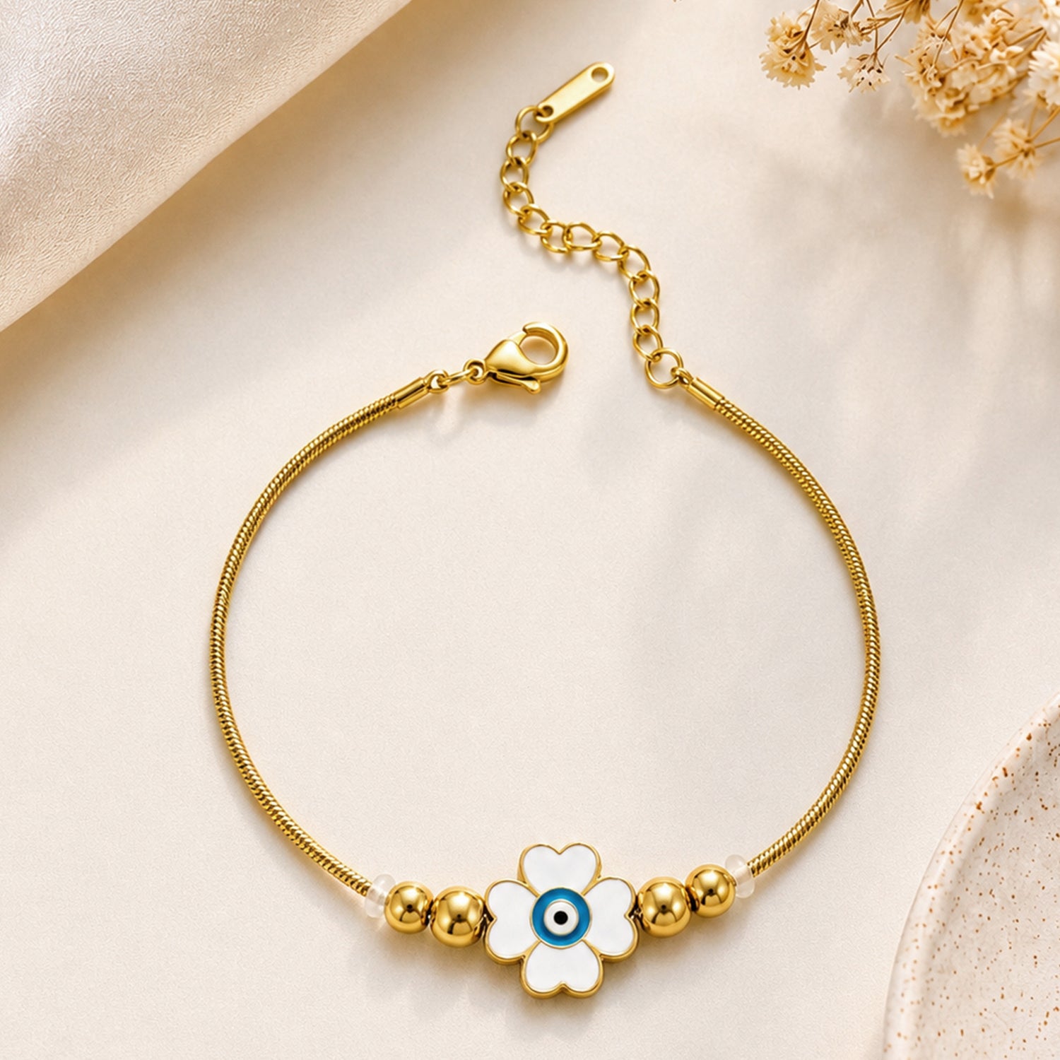 Artklim White Evil Eye Flower Gold-Tone Anti-Tarnish Bracelet