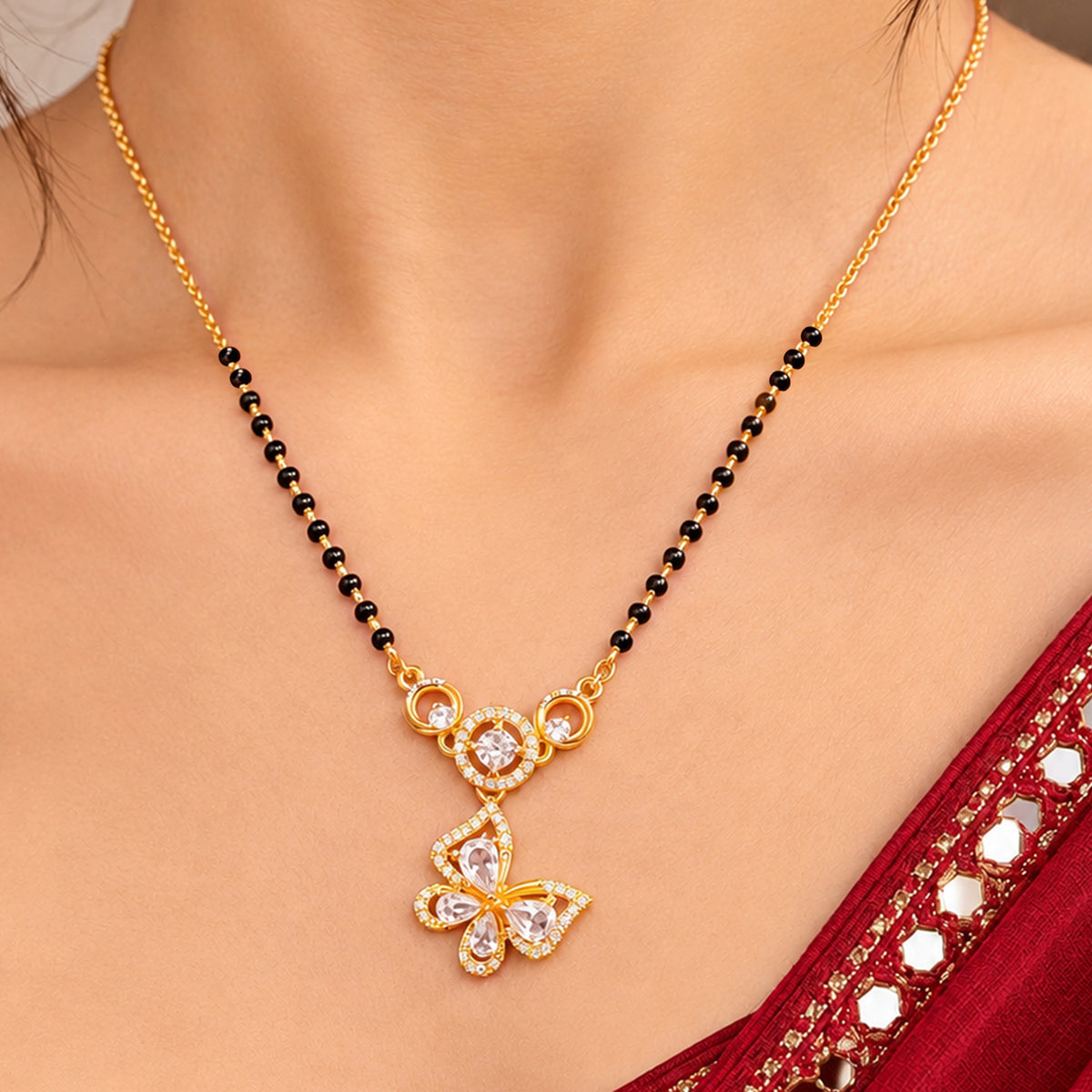 Artklim Elegant Butterfly Pendant CZ Stone Gold-Plated Mangalsutra with Black Beads
