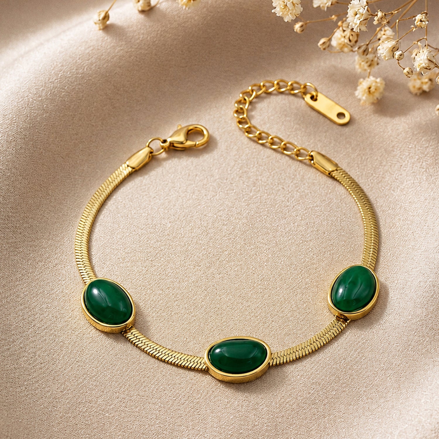Artklim Emerald Oval Stone Snake Chain Anti-Tarnish Bracelet