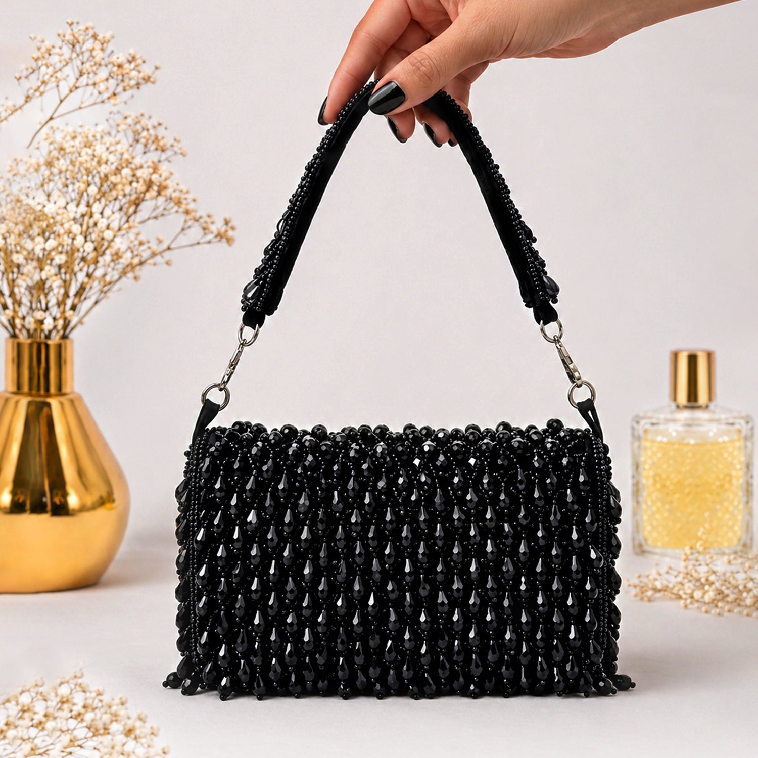 Artklim Black Beaded Fringe Clutch