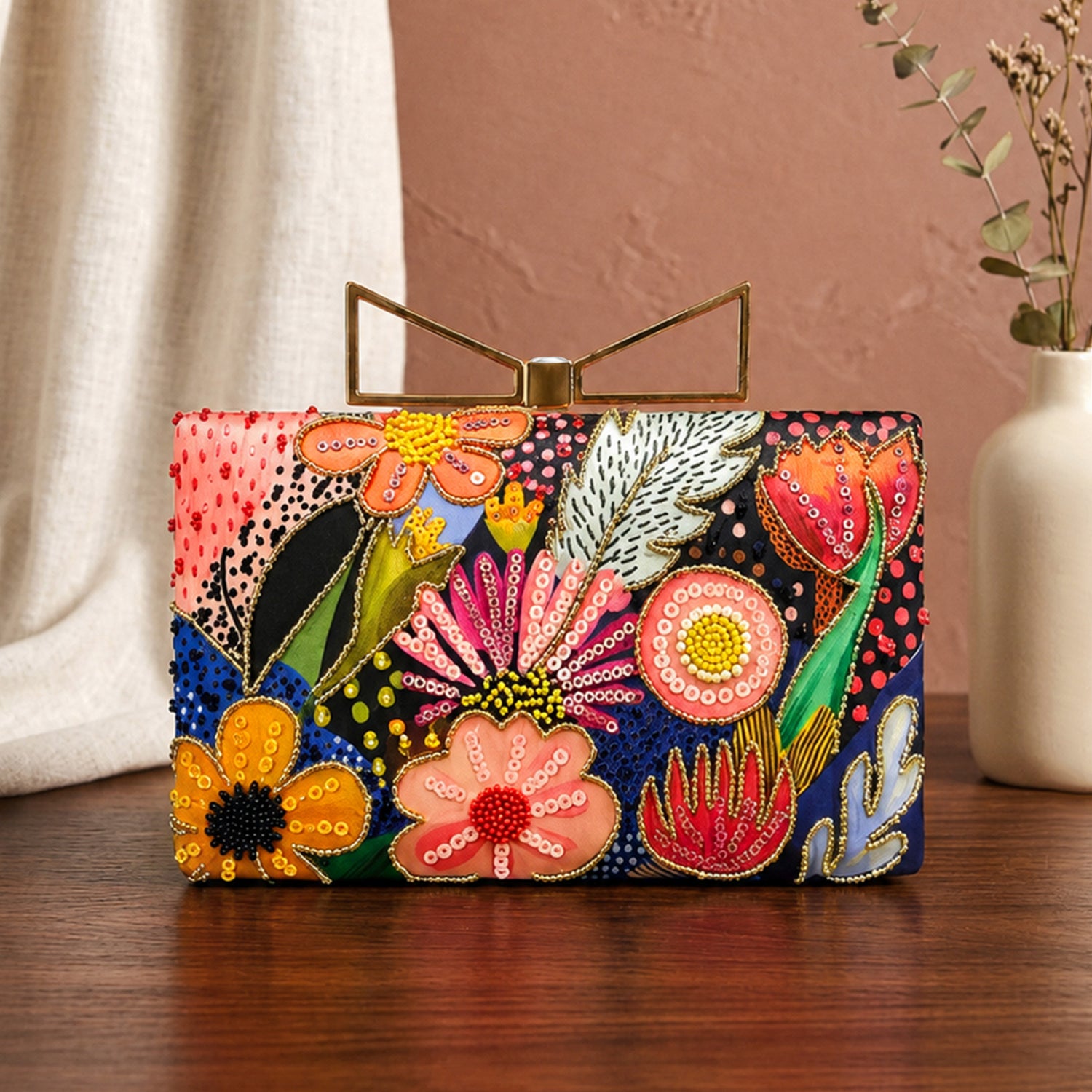 Artklim Printed Multicolor Abstract Floral Designer Clutch with Hand Embroidery