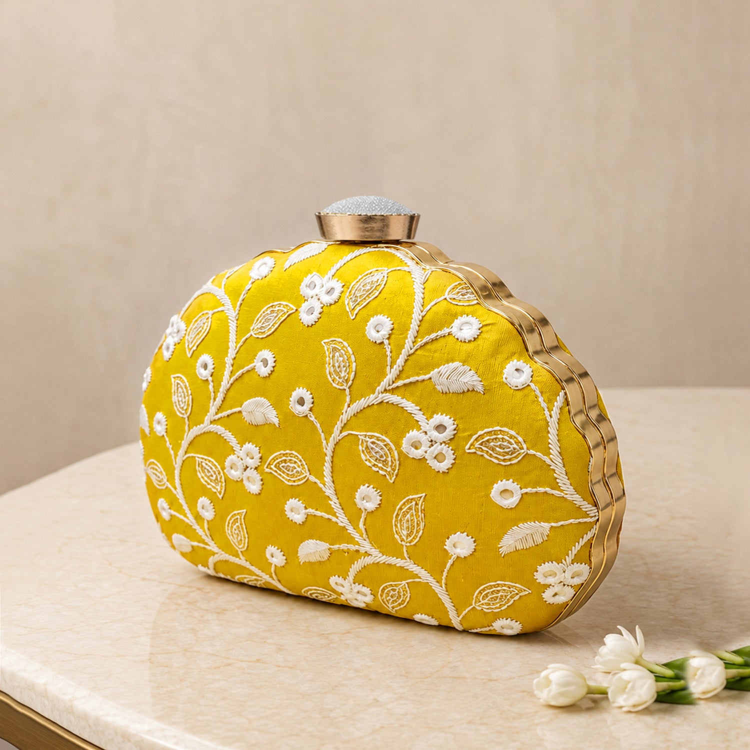 Artklim Yellow Base White Thread Embrodiery Clutch