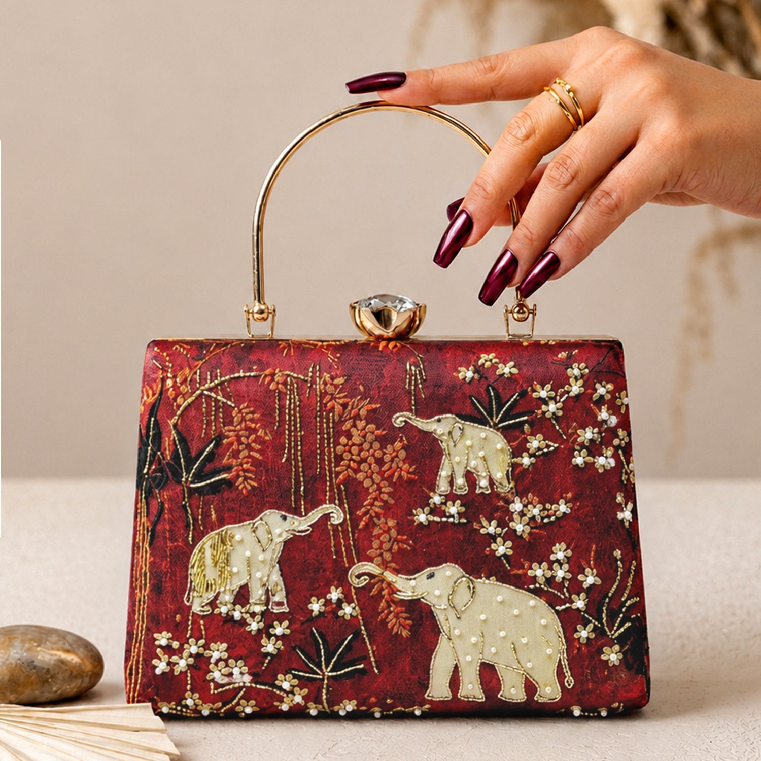 Artklim Crimson Elephant Garden Embroidered Clutch